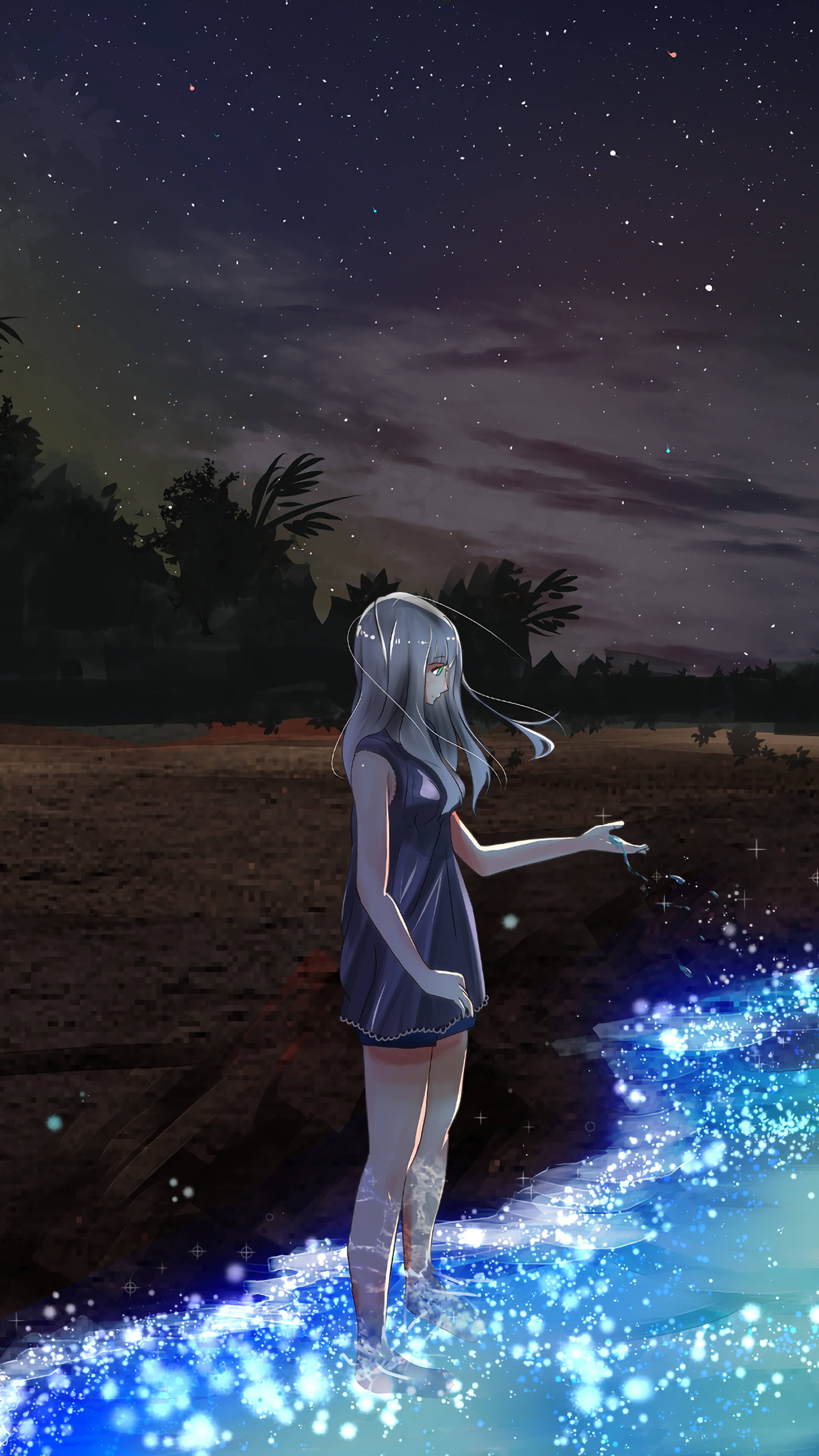 silver-haired anime girl, glowing blue stream, starry night sky, 4K Phone Wallpaper