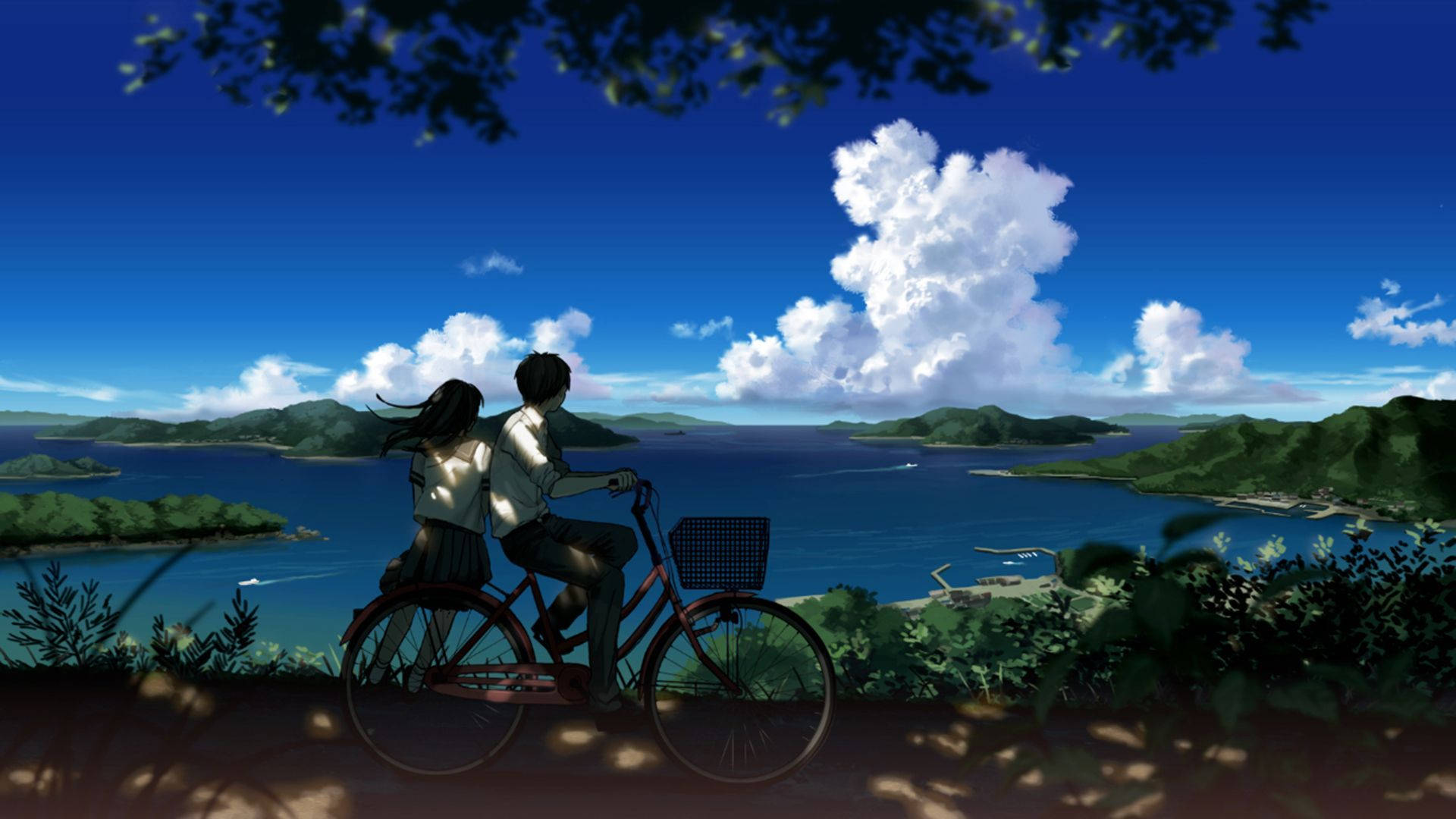 boy and girl, anime scenery, bicycle, Full HD Desktop Wallpaper
