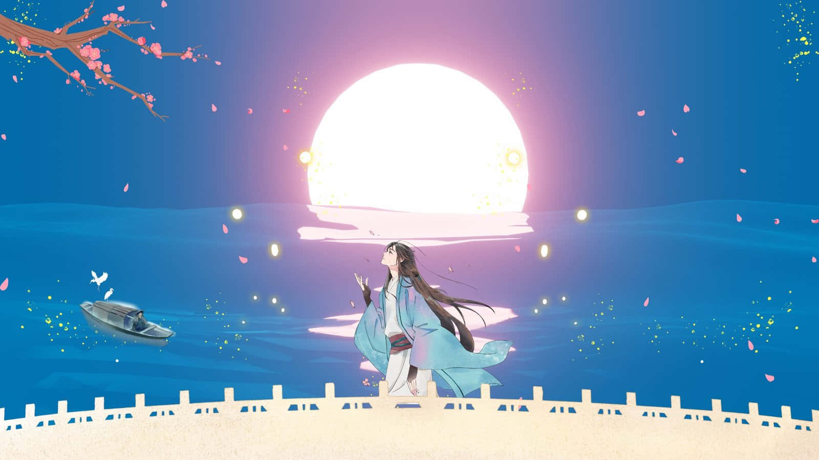 Anime Sunset Beach Serenity, cherry blossoms, glowing full moon, HD Desktop Wallpaper