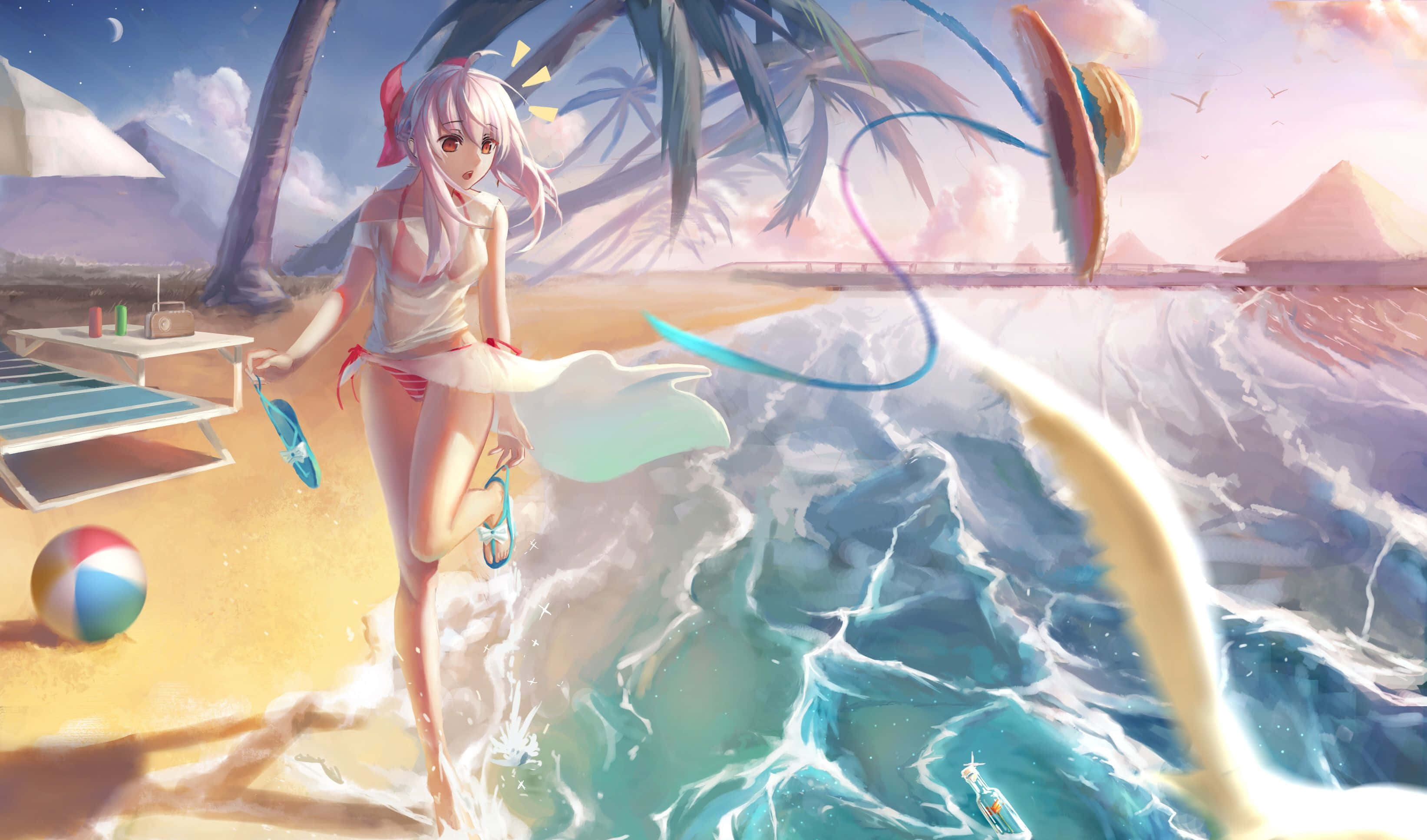Anime girl, bikini, tropical beach, 2K Desktop Wallpaper