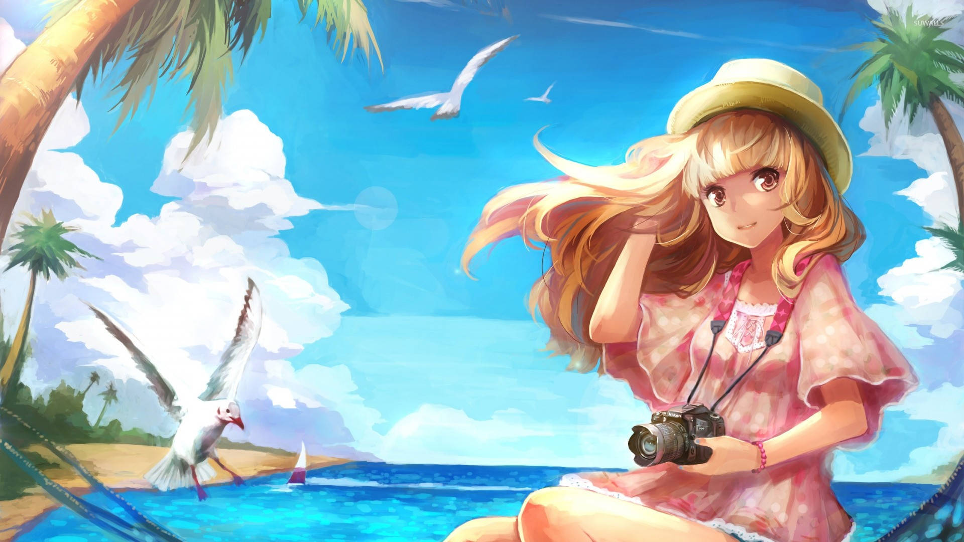 anime girl, beach vacation, ocean, Full HD Desktop Wallpaper