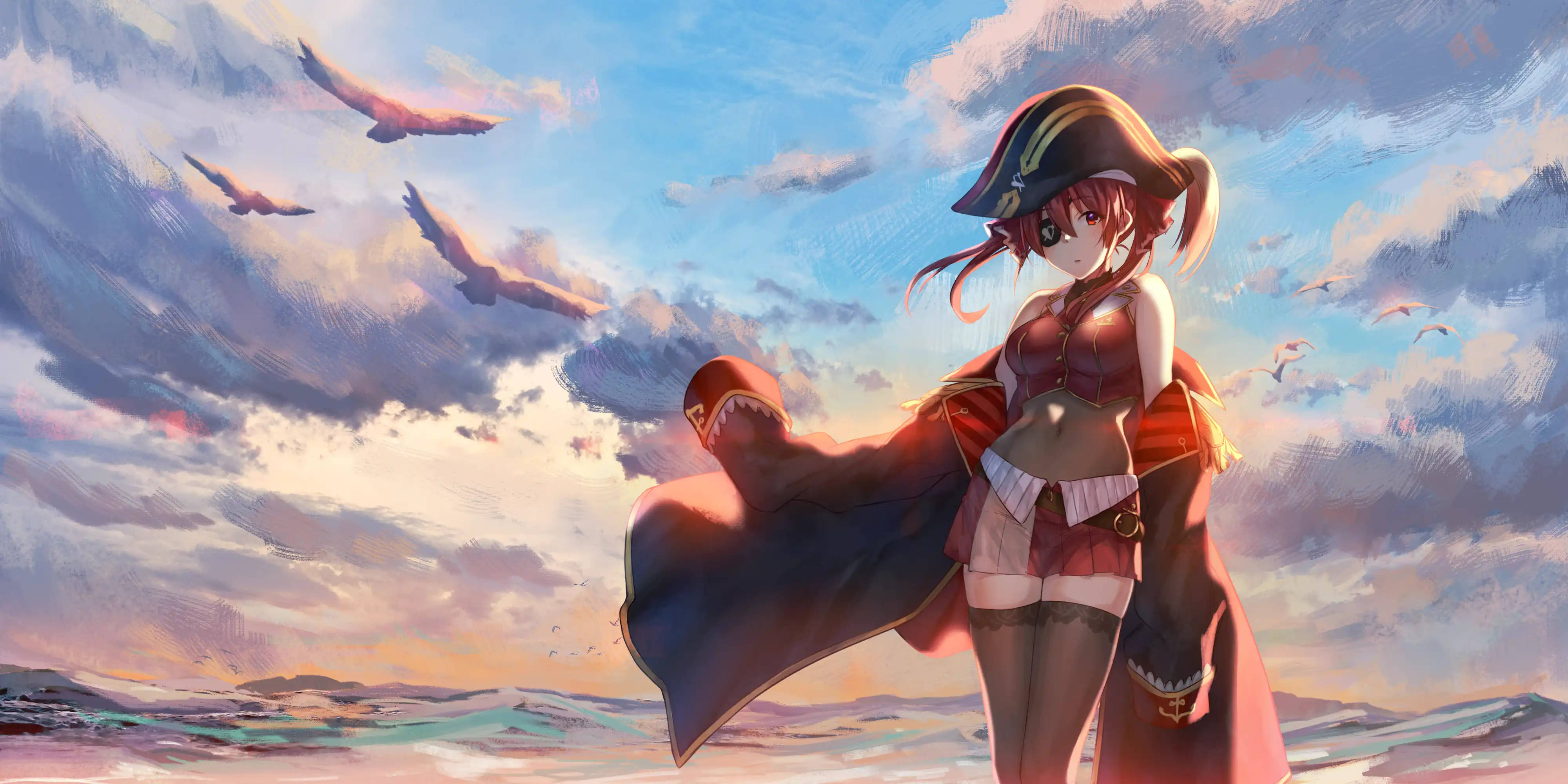 red-haired anime girl, pirate attire, dramatic sunset sky, 4K Desktop Wallpaper