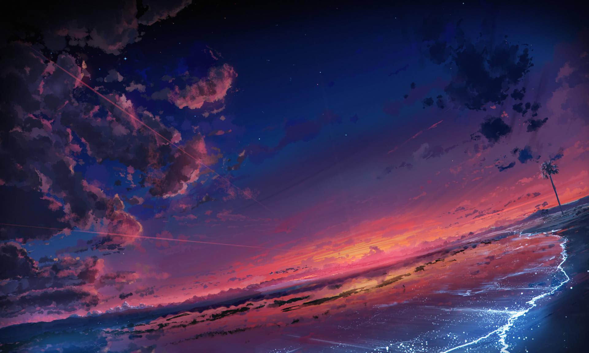 beach, anime aesthetic, sunset, Full HD Desktop Wallpaper