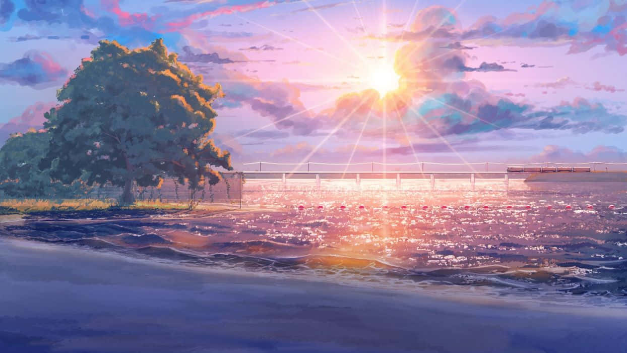 Anime Beach, Purple Sun, sunset, SD Desktop Wallpaper