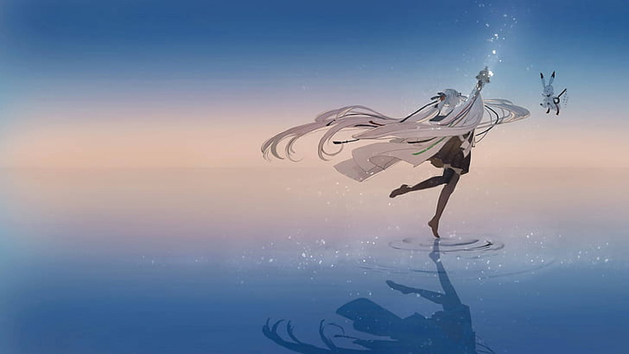 anime girl, flowing white hair, calm blue surface, Full HD Desktop Wallpaper