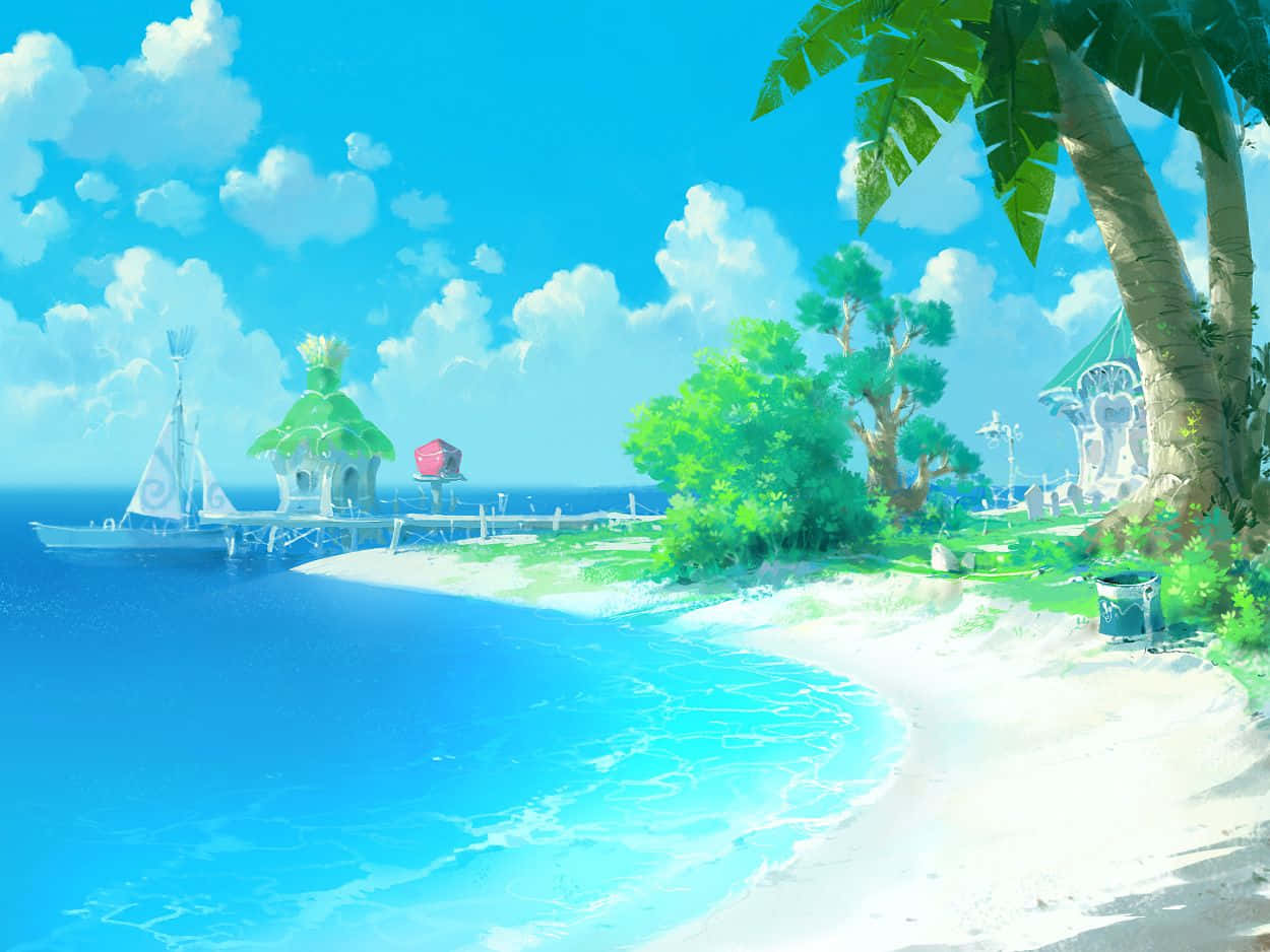 Anime Beach, turquoise waters, palm trees, SD Desktop Wallpaper