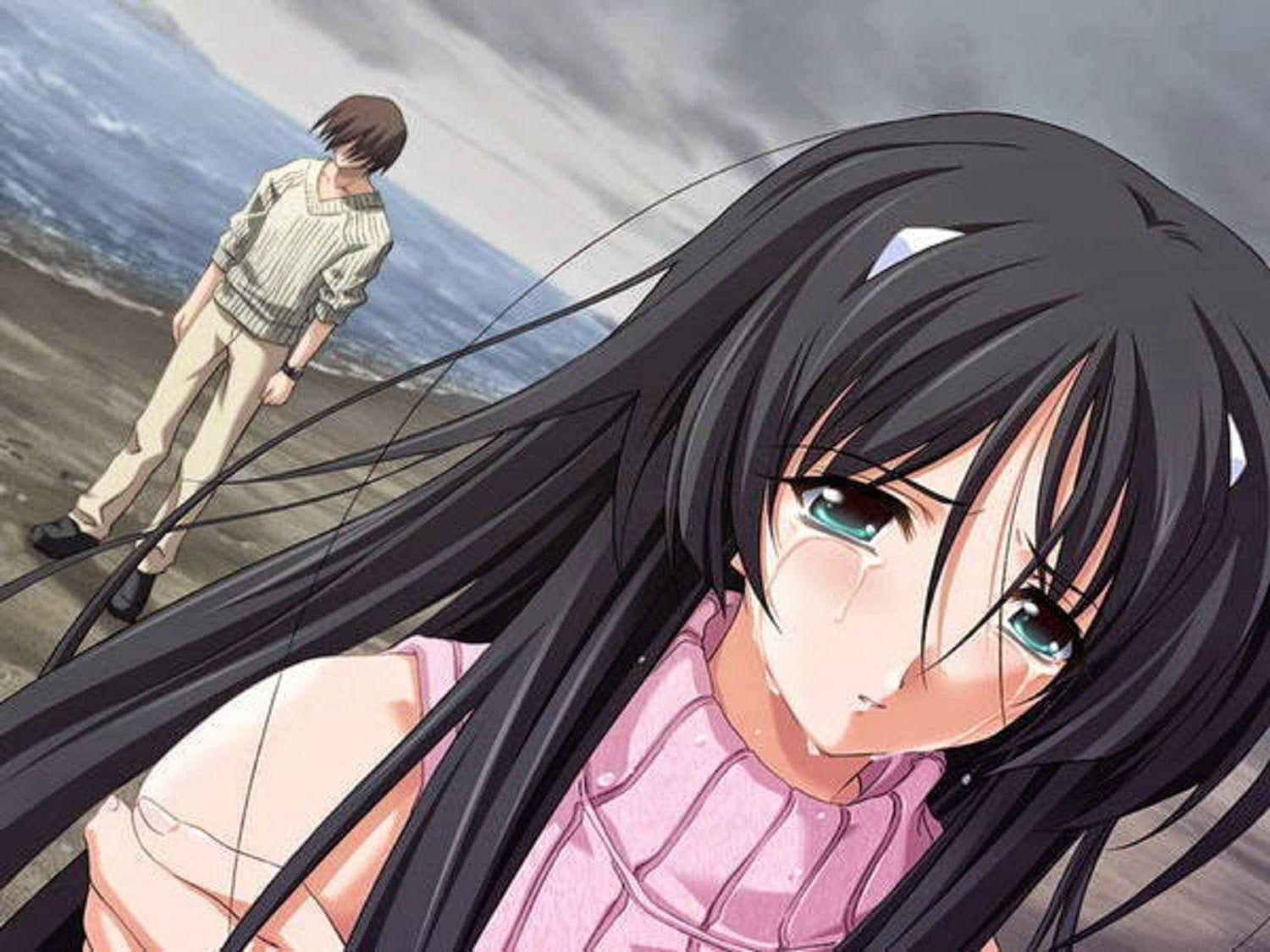 Break Up On The Beach Anime, melancholic anime girl, long black hair, HD Desktop Wallpaper