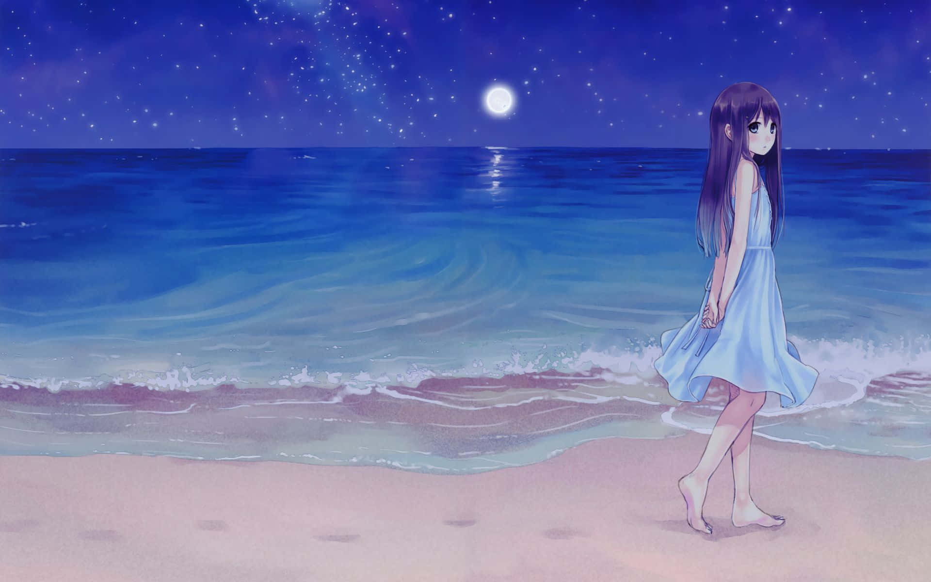 Anime Beach, Night Moon, starry night beach, Full HD Desktop Wallpaper