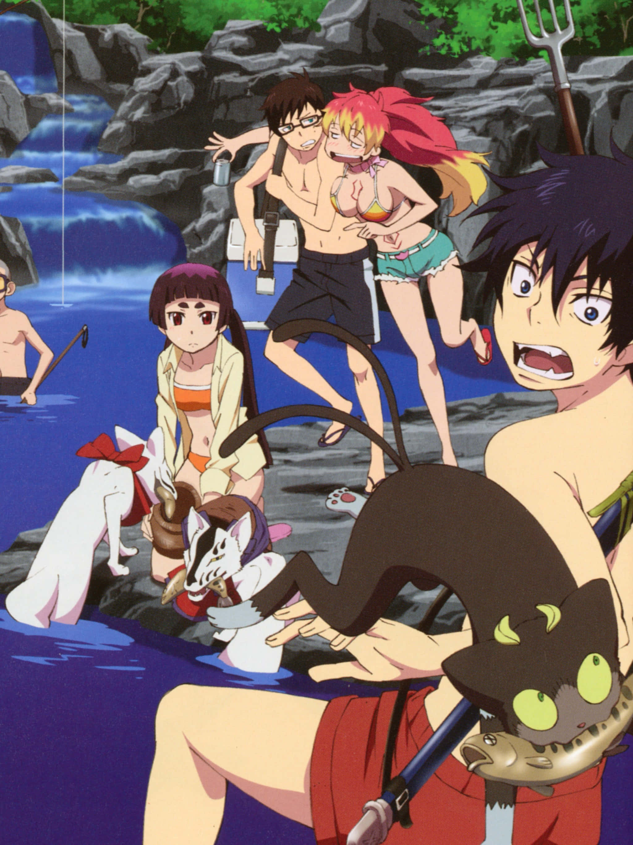 Anime Beach, swimwear, waterfall, 2K Phone Wallpaper