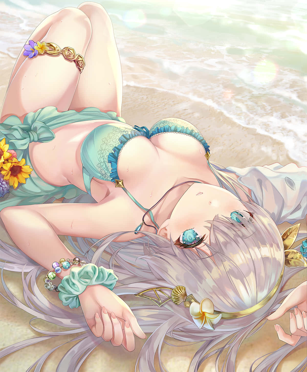 anime beachside repose, silver-haired anime girl, teal bikini, HD Phone Wallpaper