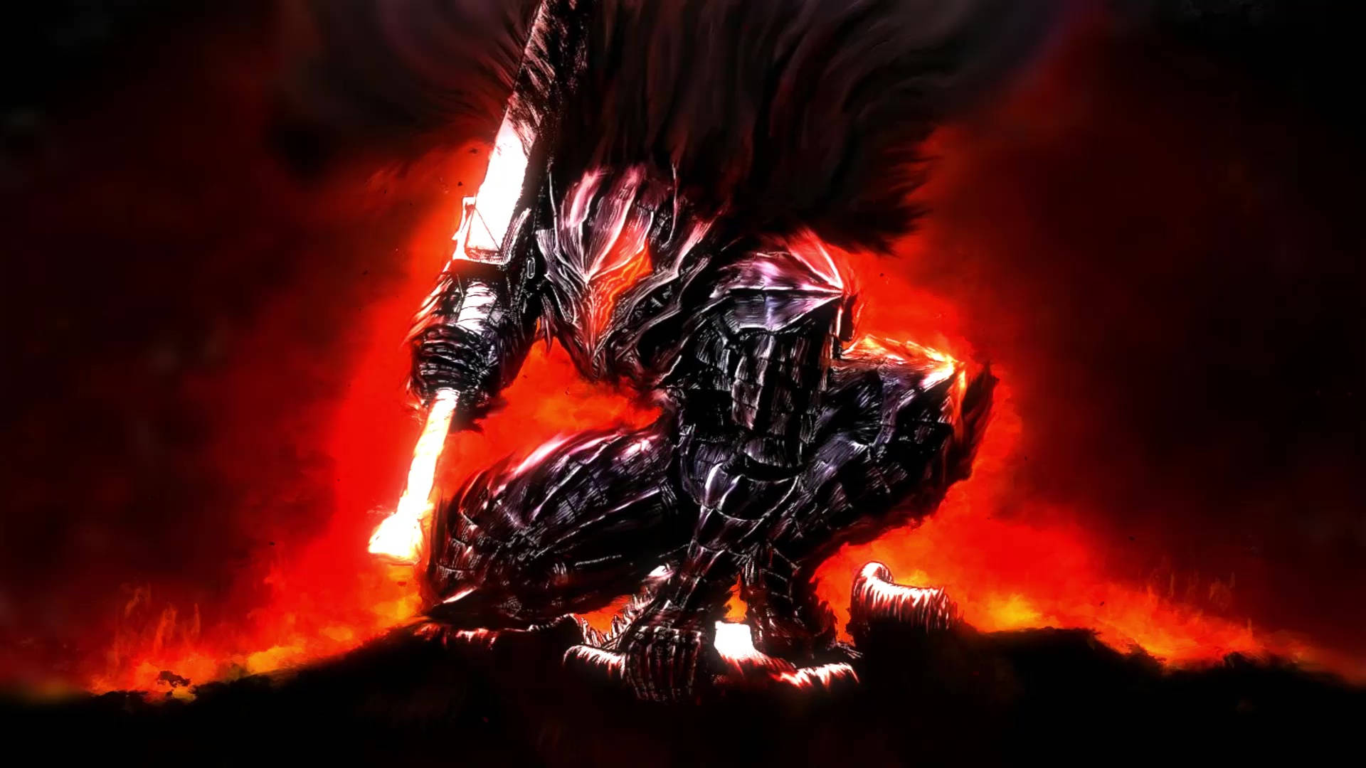 Berserk, dark armored warrior, fiery red flames, Full HD Desktop Wallpaper
