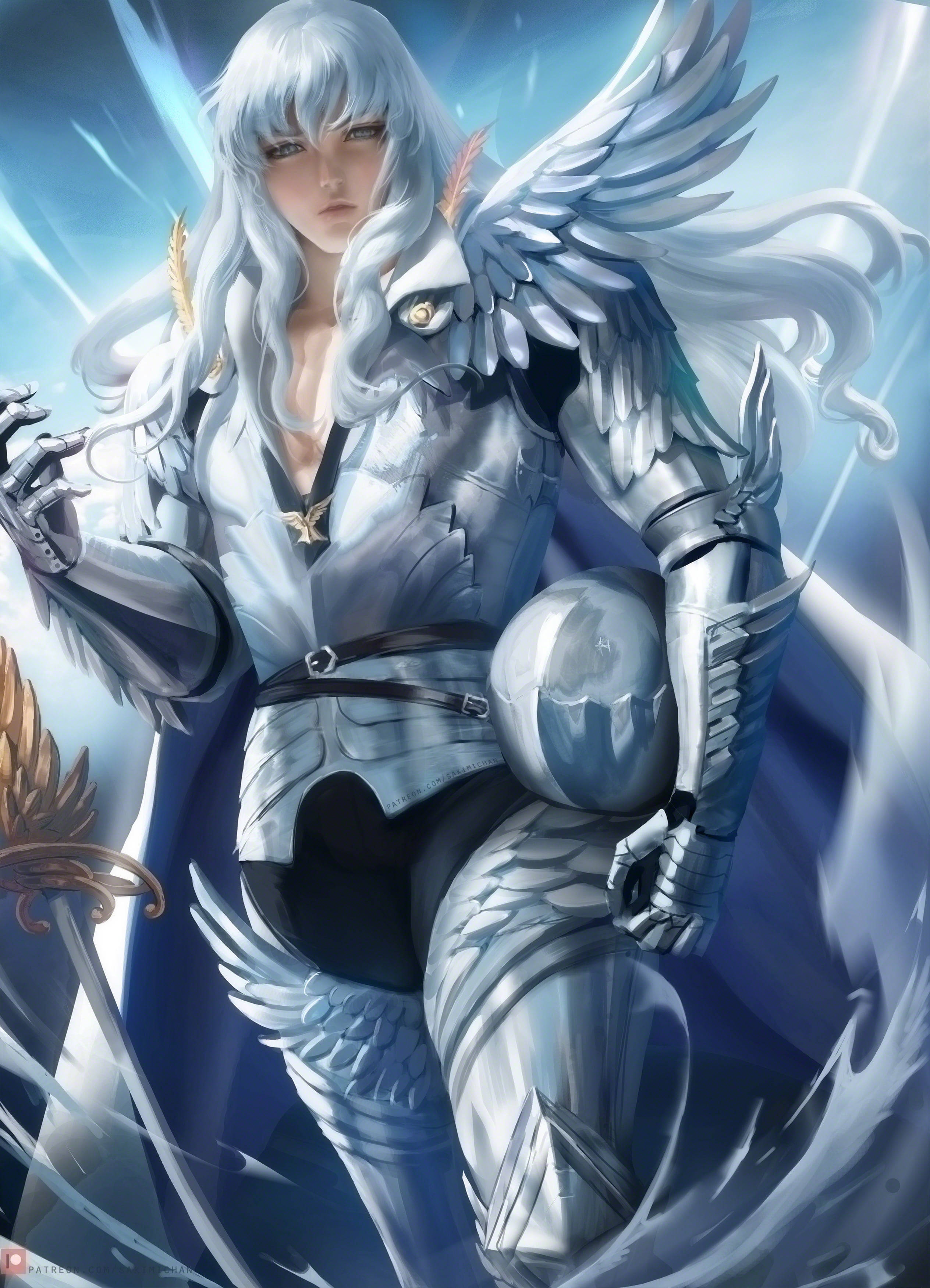 Anime Berserk, silver-winged angel warrior, ornate armor, 2K Phone Wallpaper