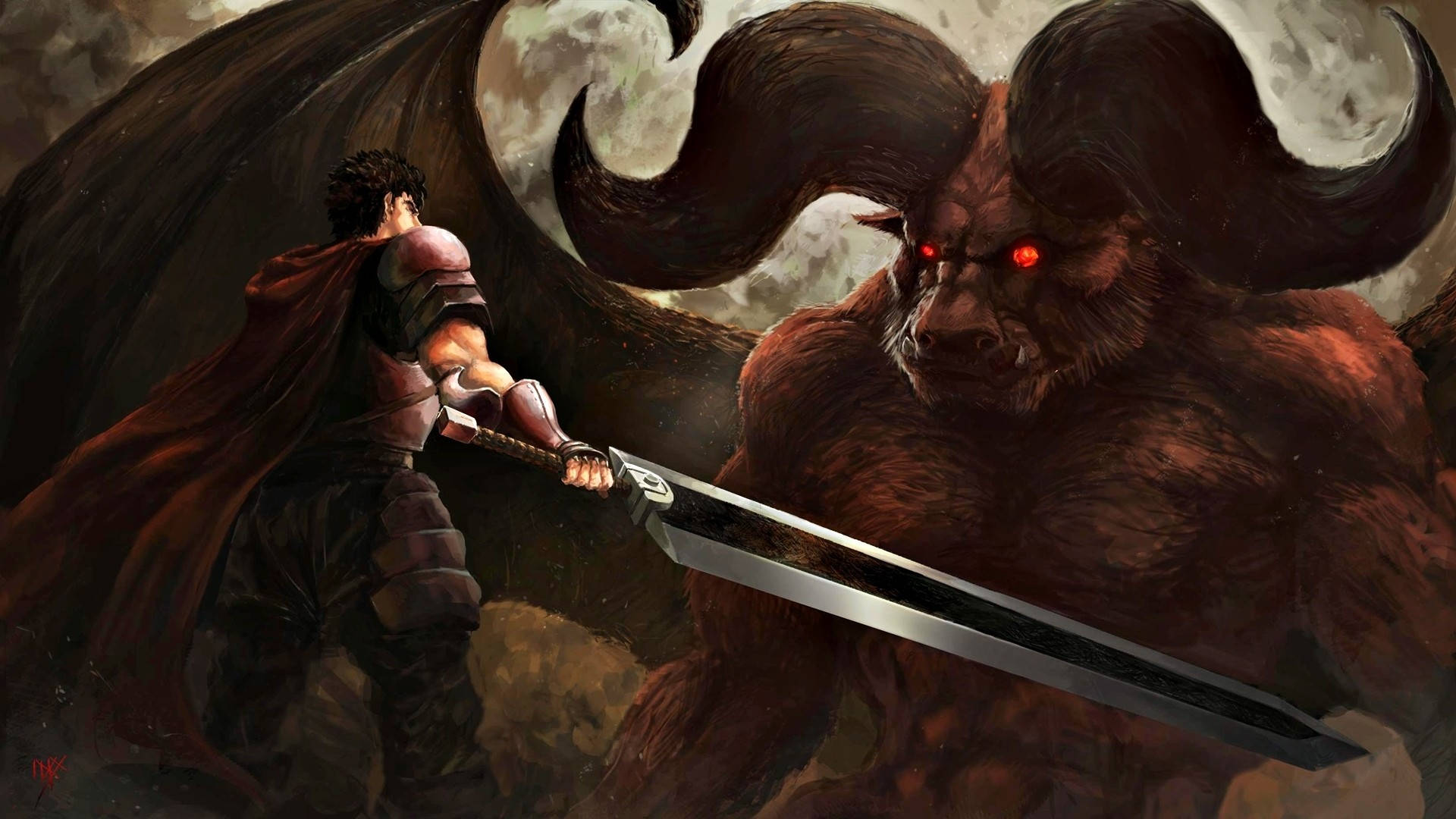 Anime Berserk, warrior in red cape, massive horned demon, Full HD Desktop Wallpaper
