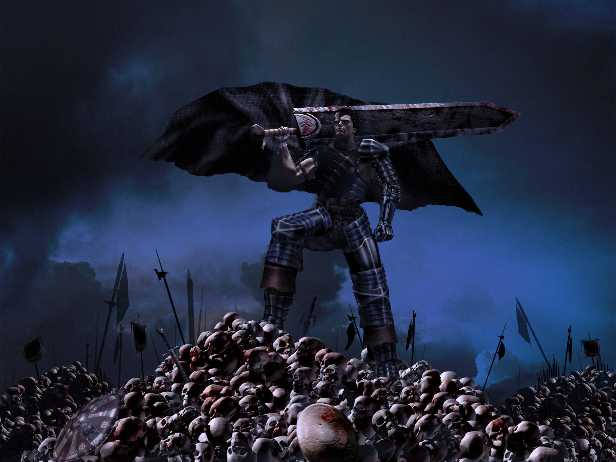 Anime Berserk, dark-armored warrior, mountain of skulls, Full HD Desktop Wallpaper