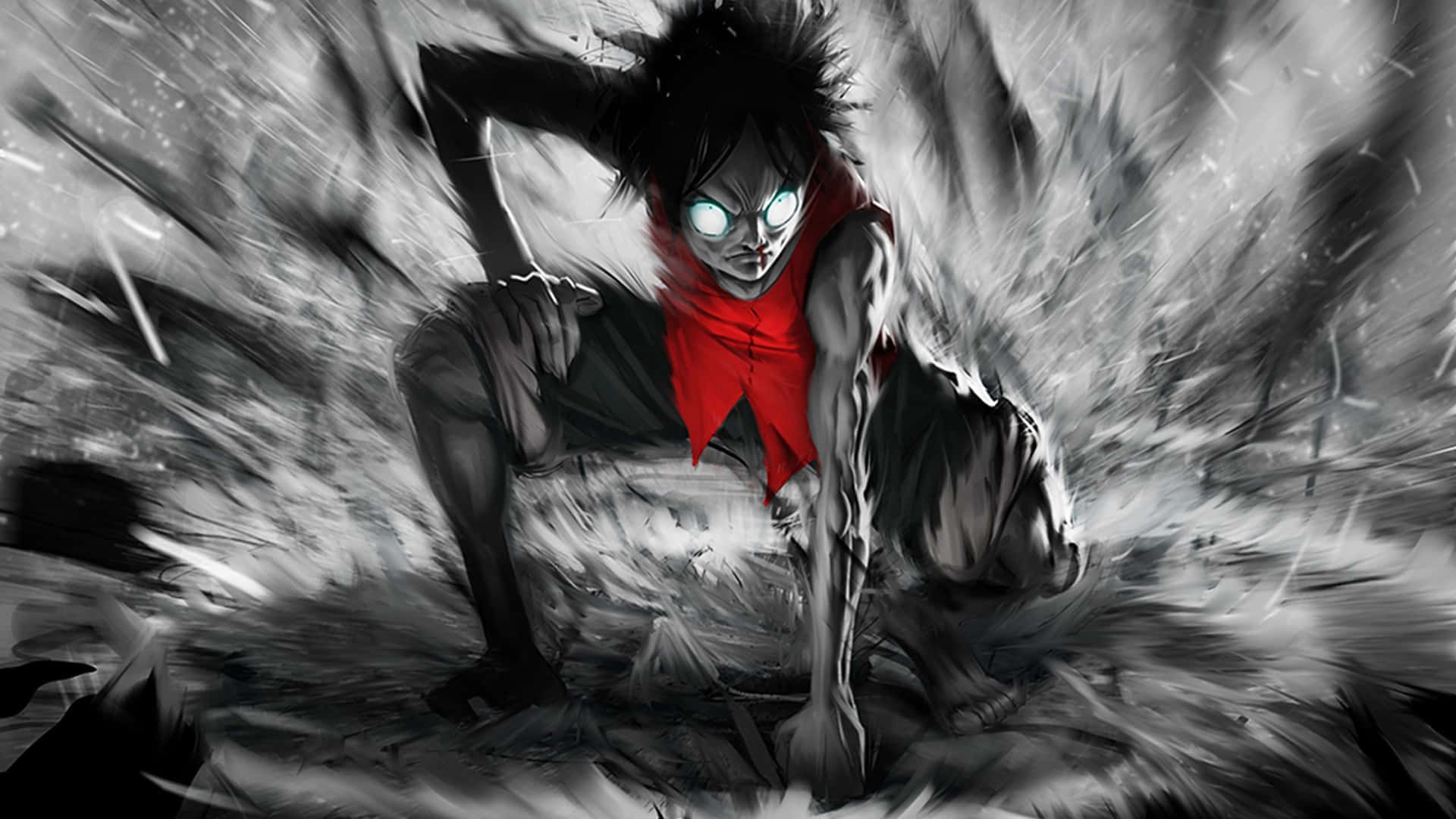 anime black and white, glowing eyes, red scarf, Full HD Desktop Wallpaper