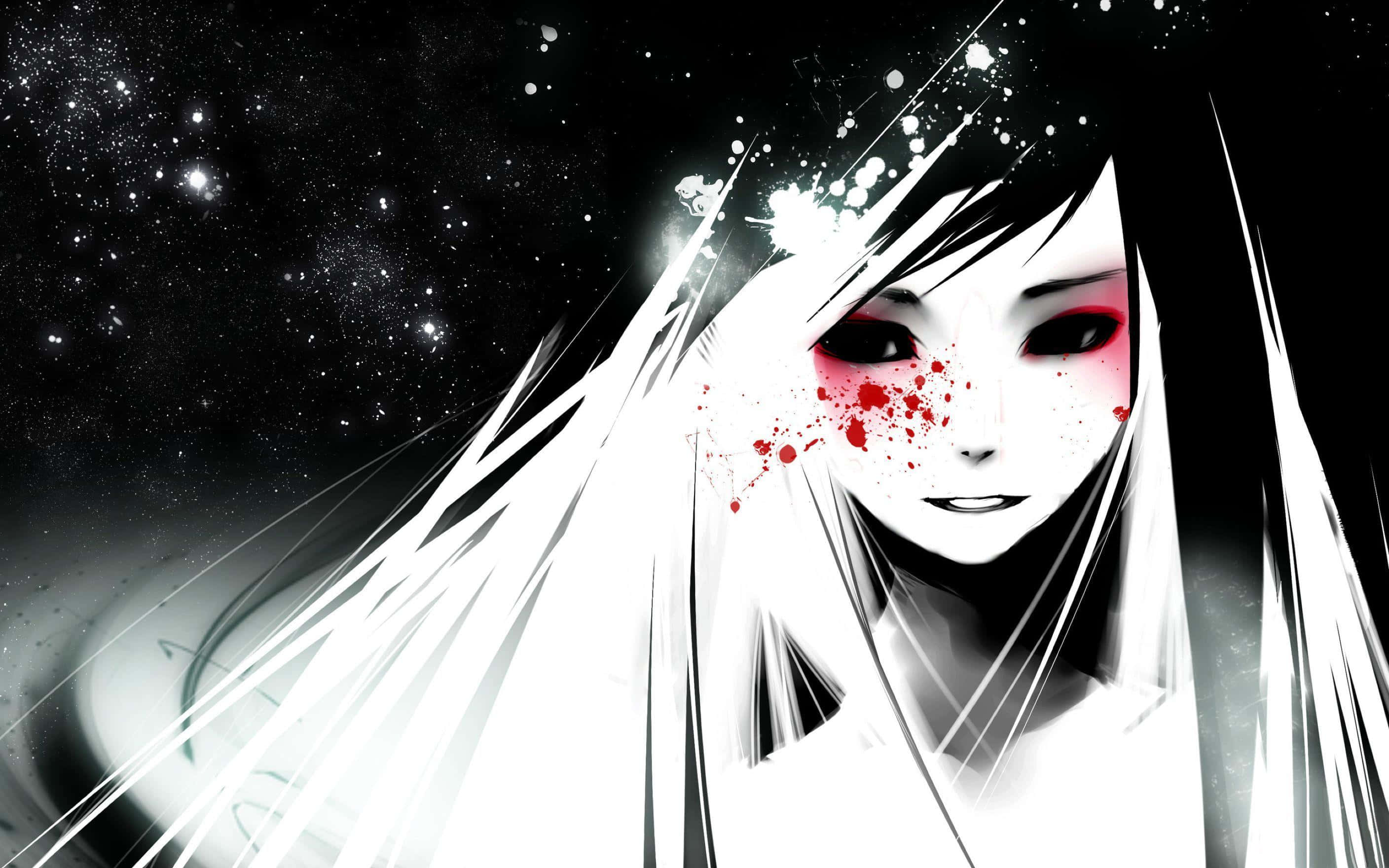 anime girl, white hair, red splatters, 2K Desktop Wallpaper