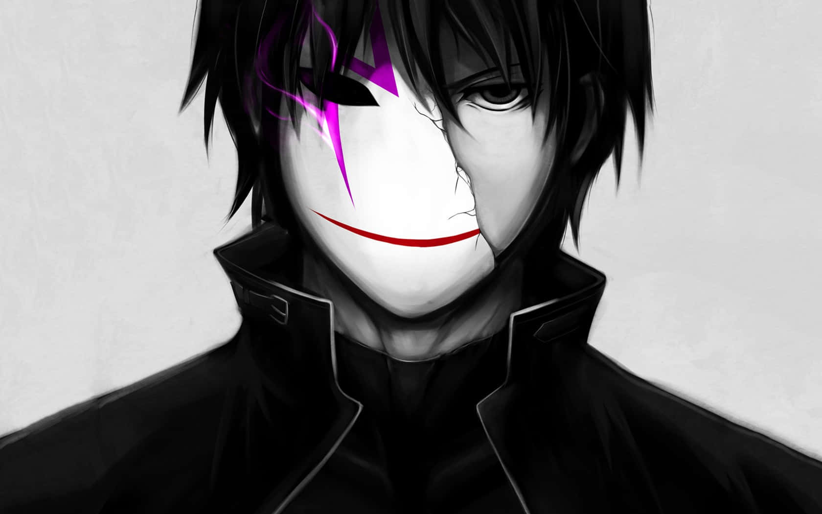 anime black and white, dark-haired anime character, white mask with a red smile, HD Desktop Wallpaper