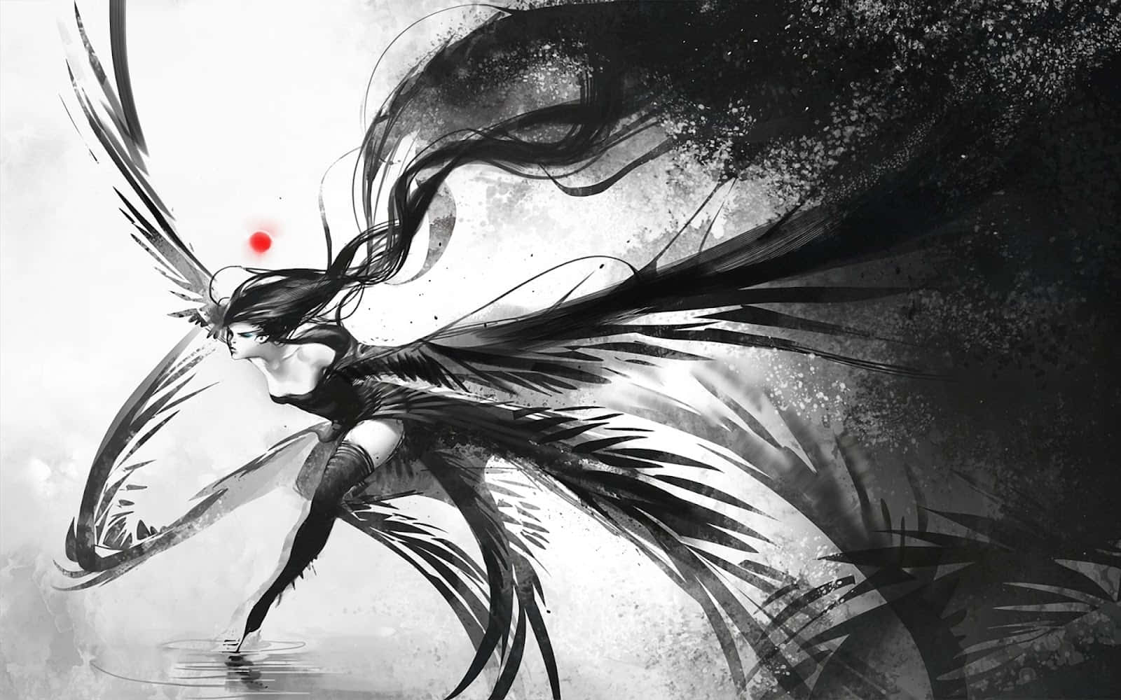 anime-style female warrior, black feathered wings, glowing red eye, HD Desktop Wallpaper