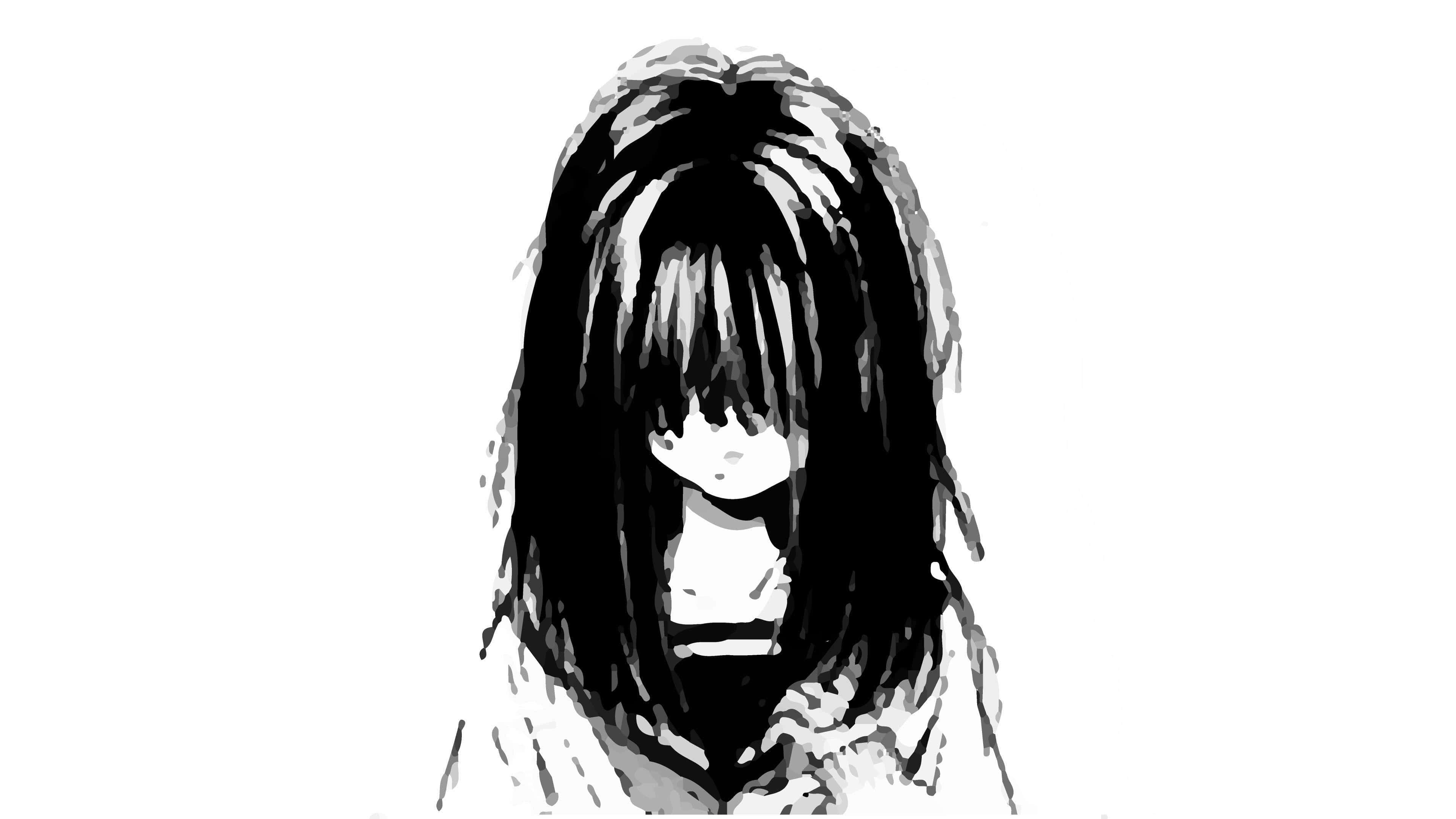 black and white anime, girl with long hair, plain white background, 4K Desktop Wallpaper