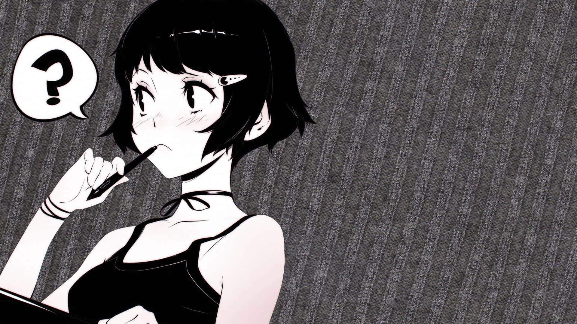 anime girl, short hair, pen, Full HD Desktop Wallpaper