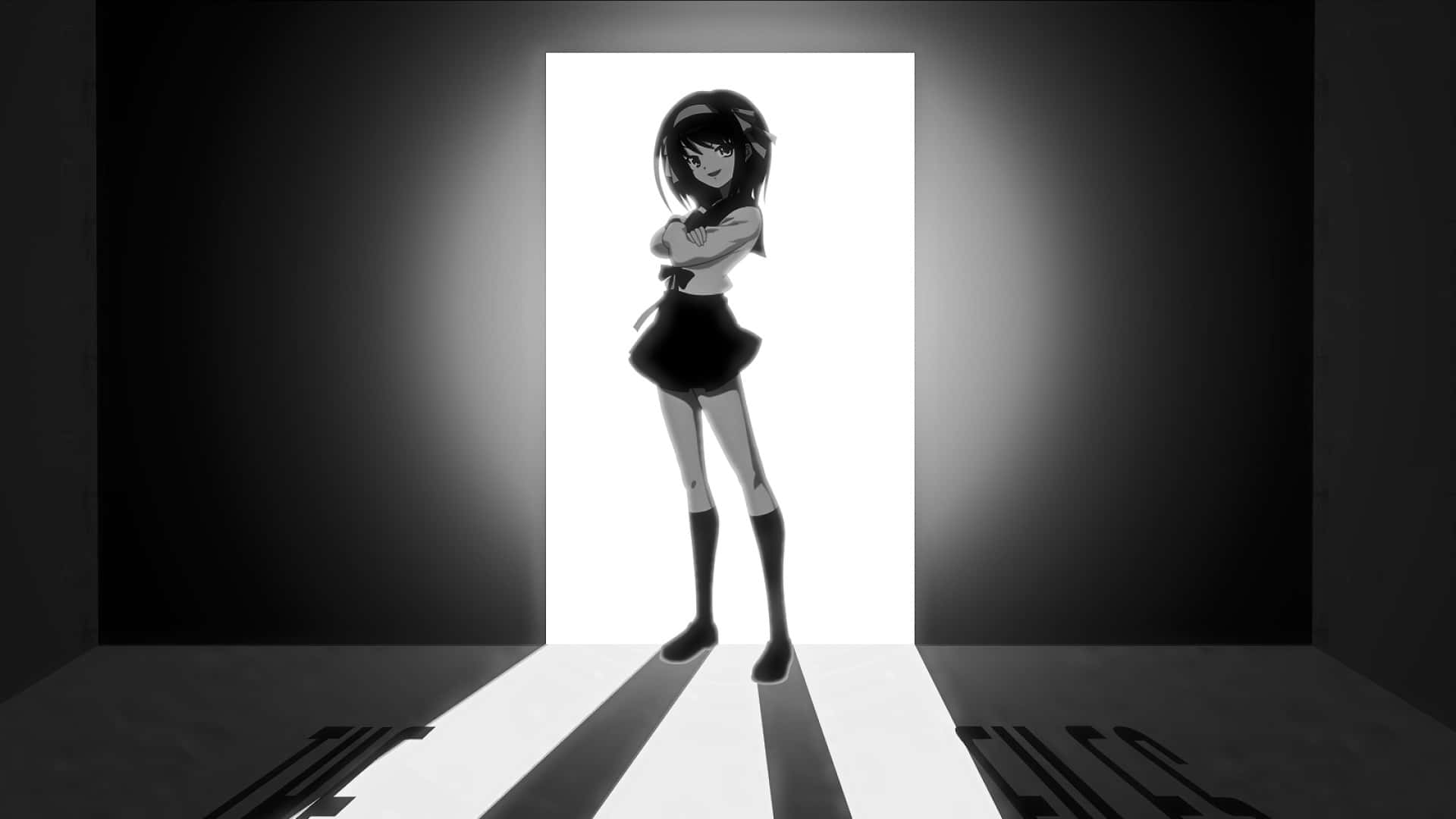anime black and white, anime girl, doorway, Full HD Desktop Wallpaper