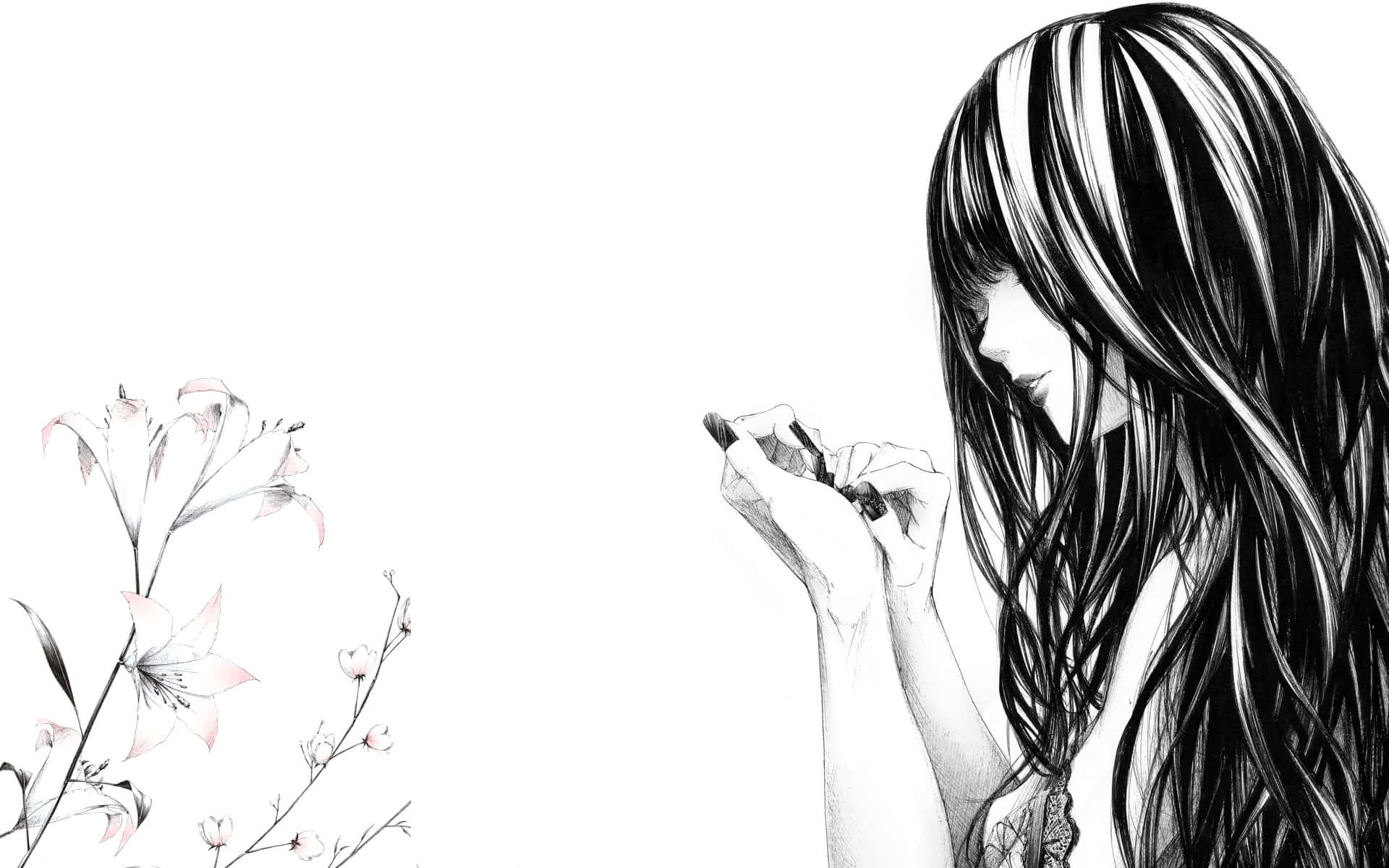anime black and white, girl with long hair, pen, Full HD Desktop Wallpaper