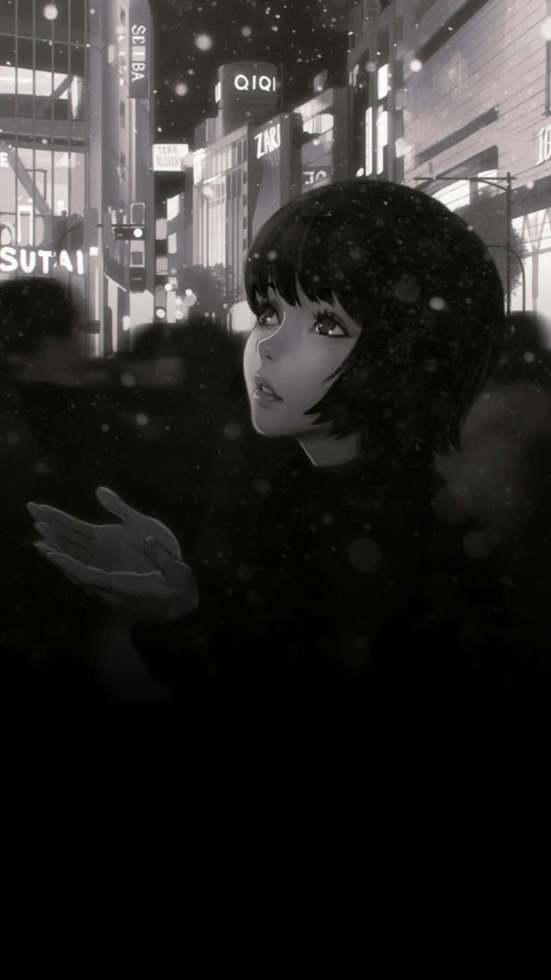 anime girl, short hair, snowy urban night scene, Full HD Phone Wallpaper