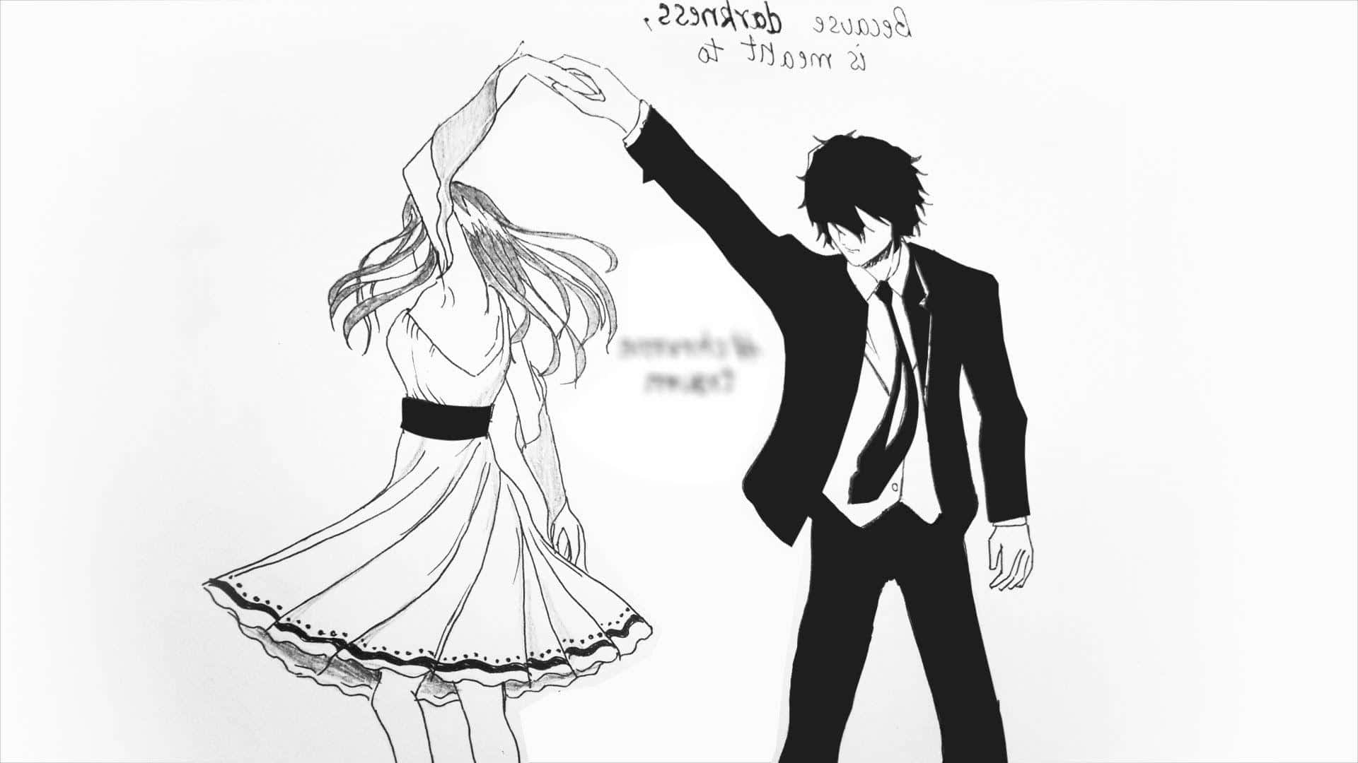 anime-style sketch, man and woman dancing, flowing hair, Full HD Desktop Wallpaper