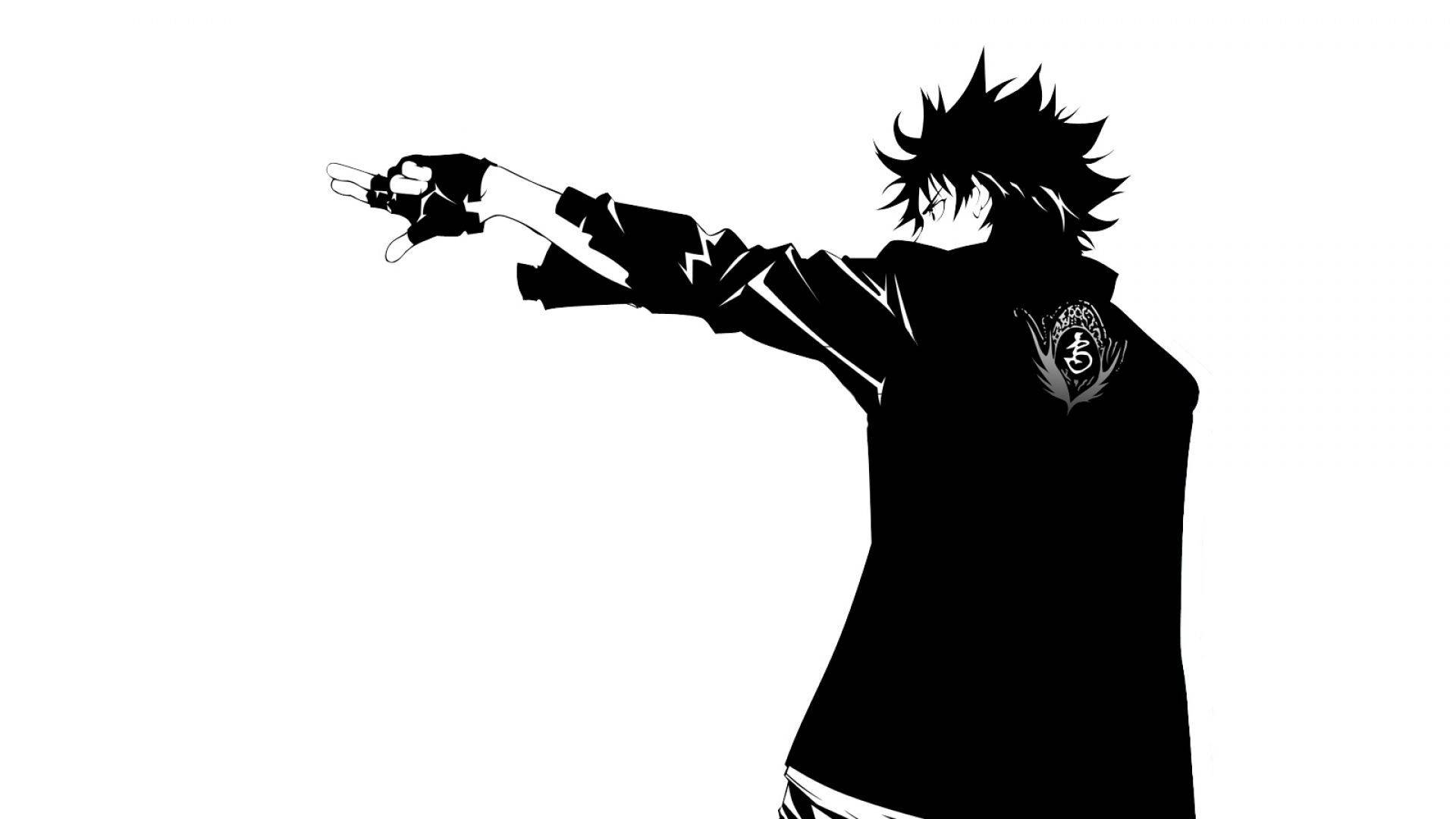 spiky-haired character, dynamic pointing pose, black and white anime-style silhouette, Full HD Desktop Wallpaper