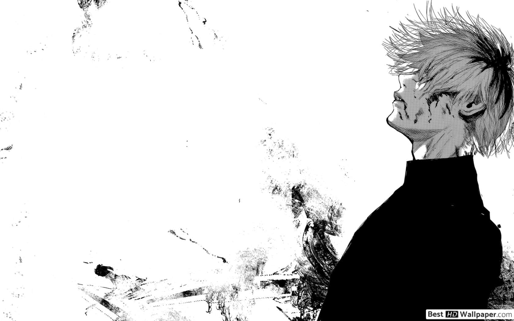 anime black and white, spiky hair, chaotic ink-splattered background, HD Desktop Wallpaper