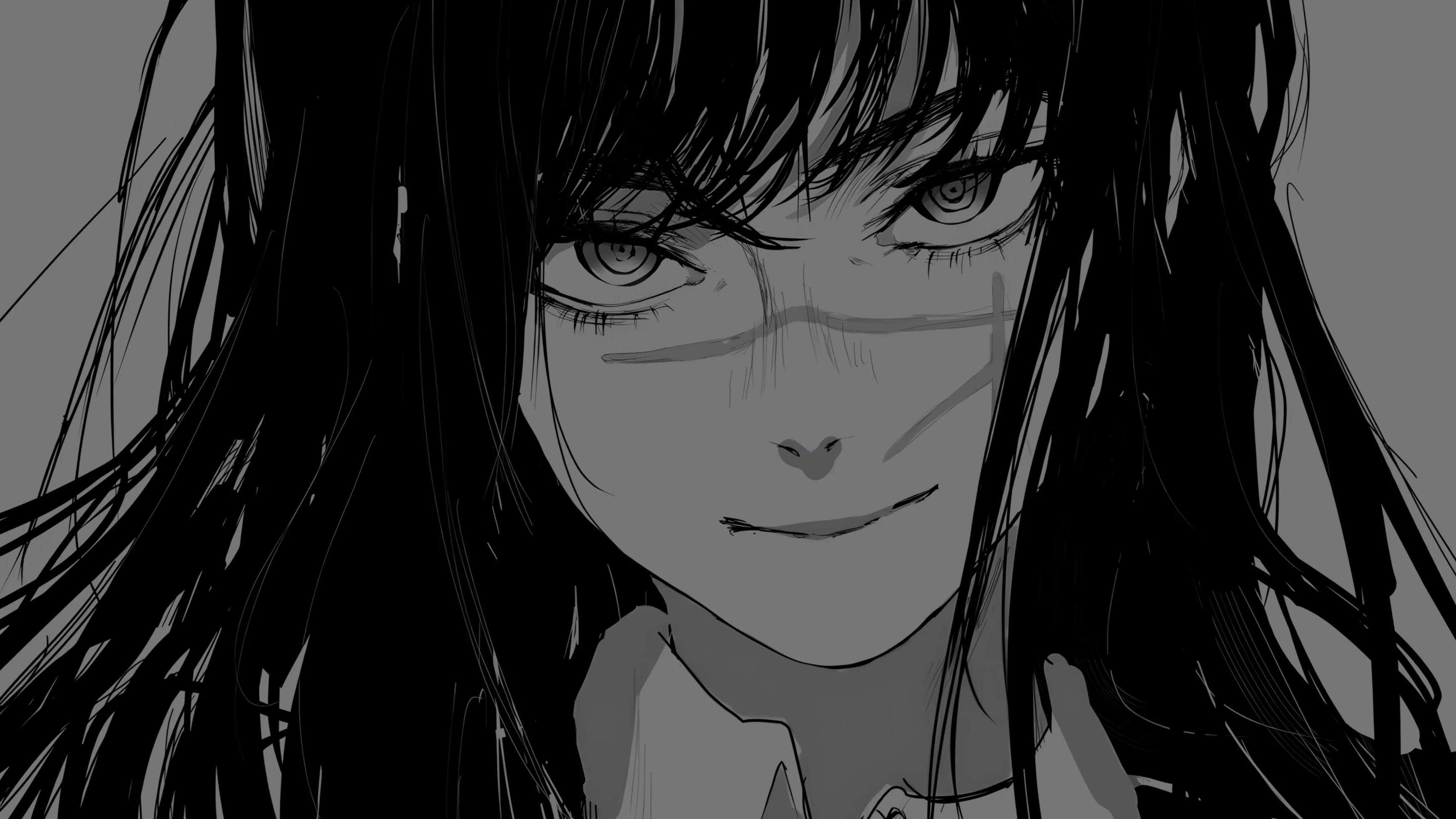 black and white anime girl, monochrome anime girl, long dark hair, 2K Desktop Wallpaper