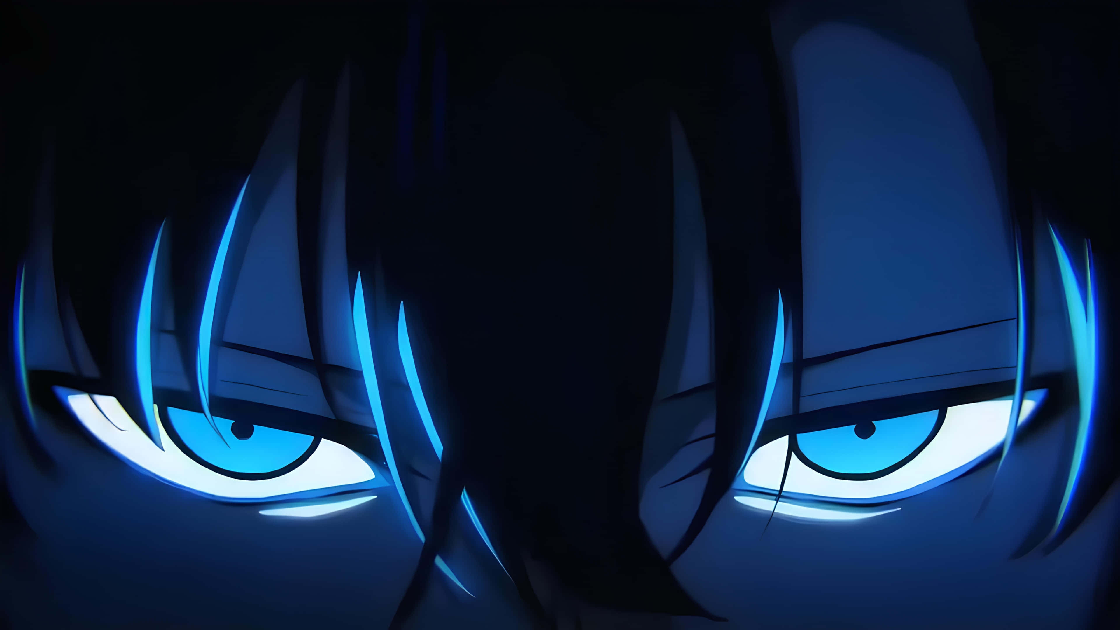 blue eyed anime boy, glowing blue anime eyes, dark hair, 4K Desktop Wallpaper