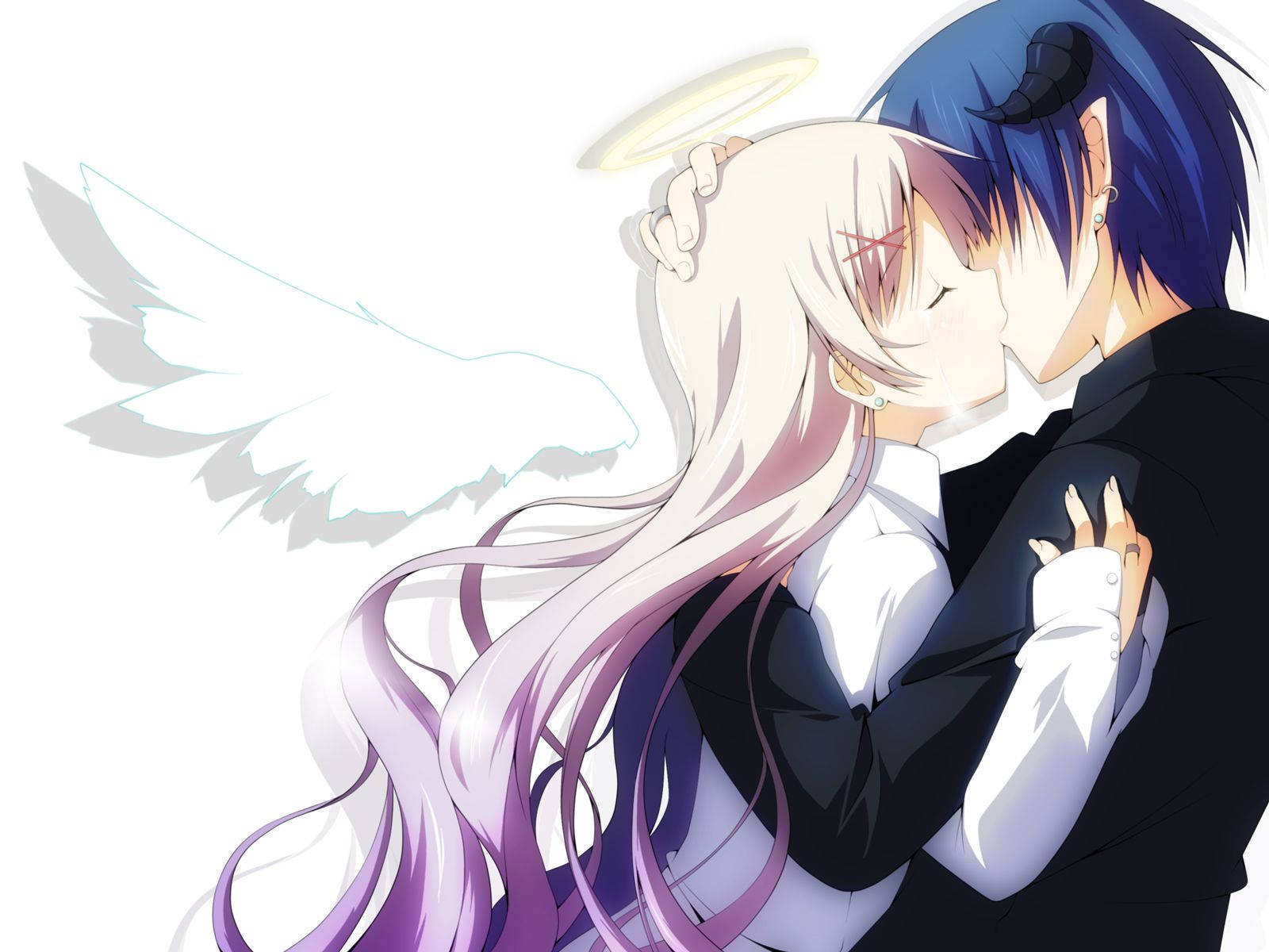 anime blue boy, blue-haired anime boy, white-haired angel girl, HD Desktop Wallpaper
