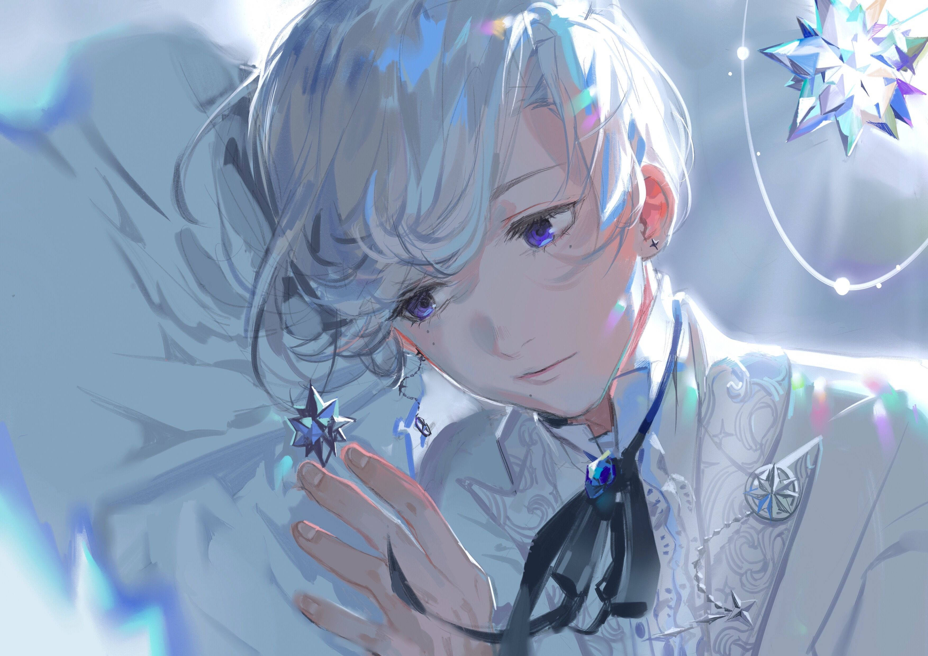 Anime Blue Boy, silver-haired, purple eyes, 2K Desktop Wallpaper