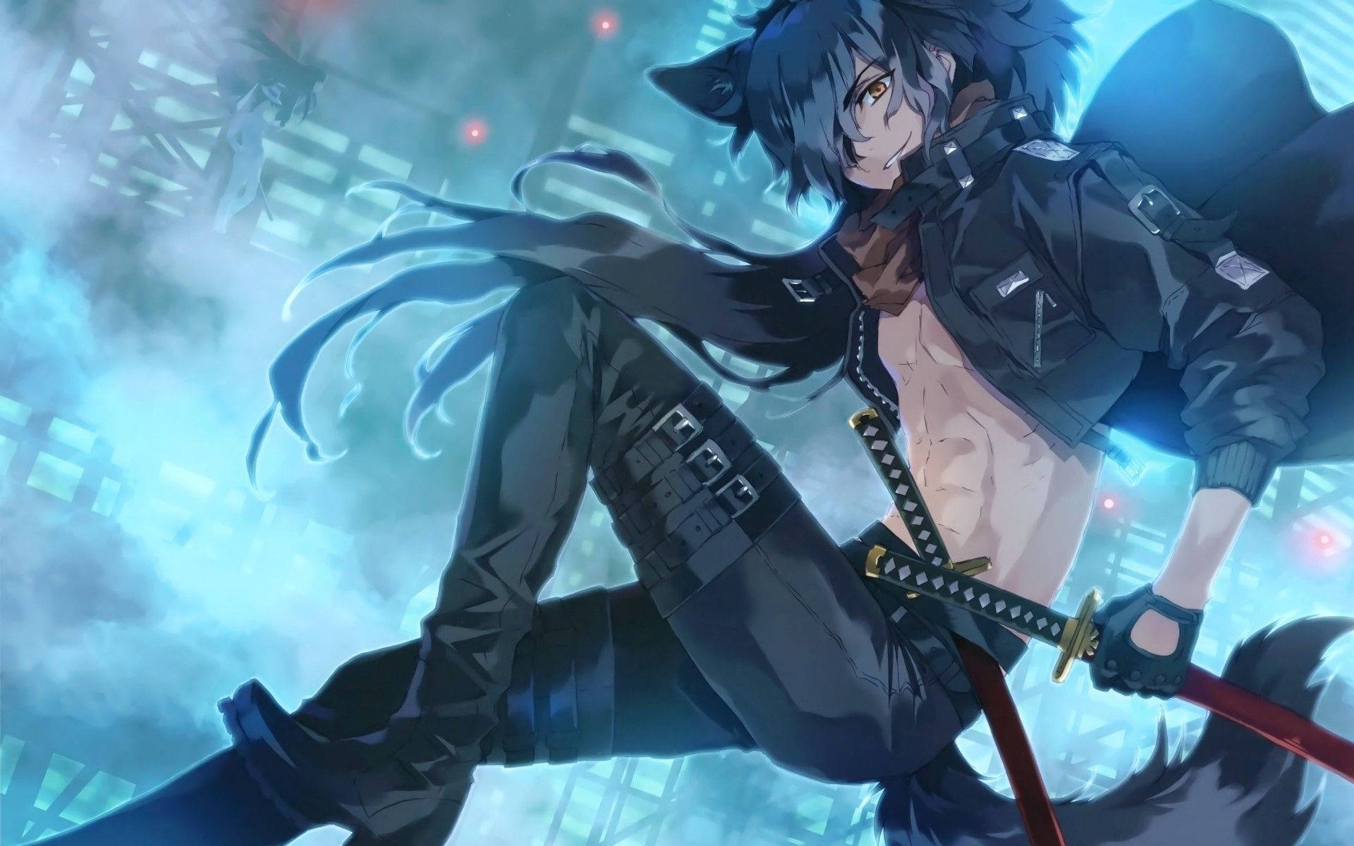 anime blue boy, dark-haired anime warrior, wolf ears, Full HD Desktop Wallpaper