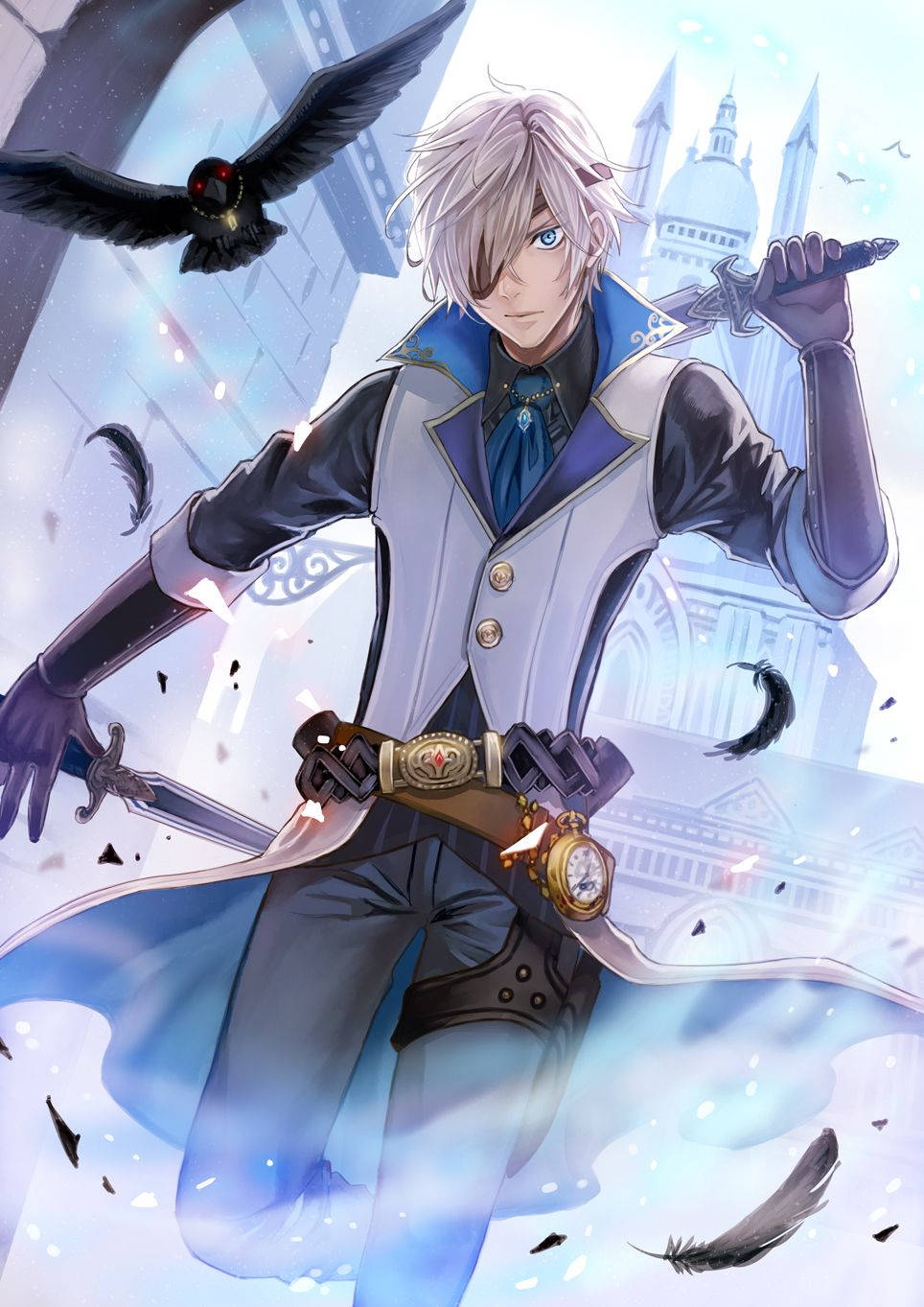 silver-haired anime warrior, sword, black crow, HD Phone Wallpaper