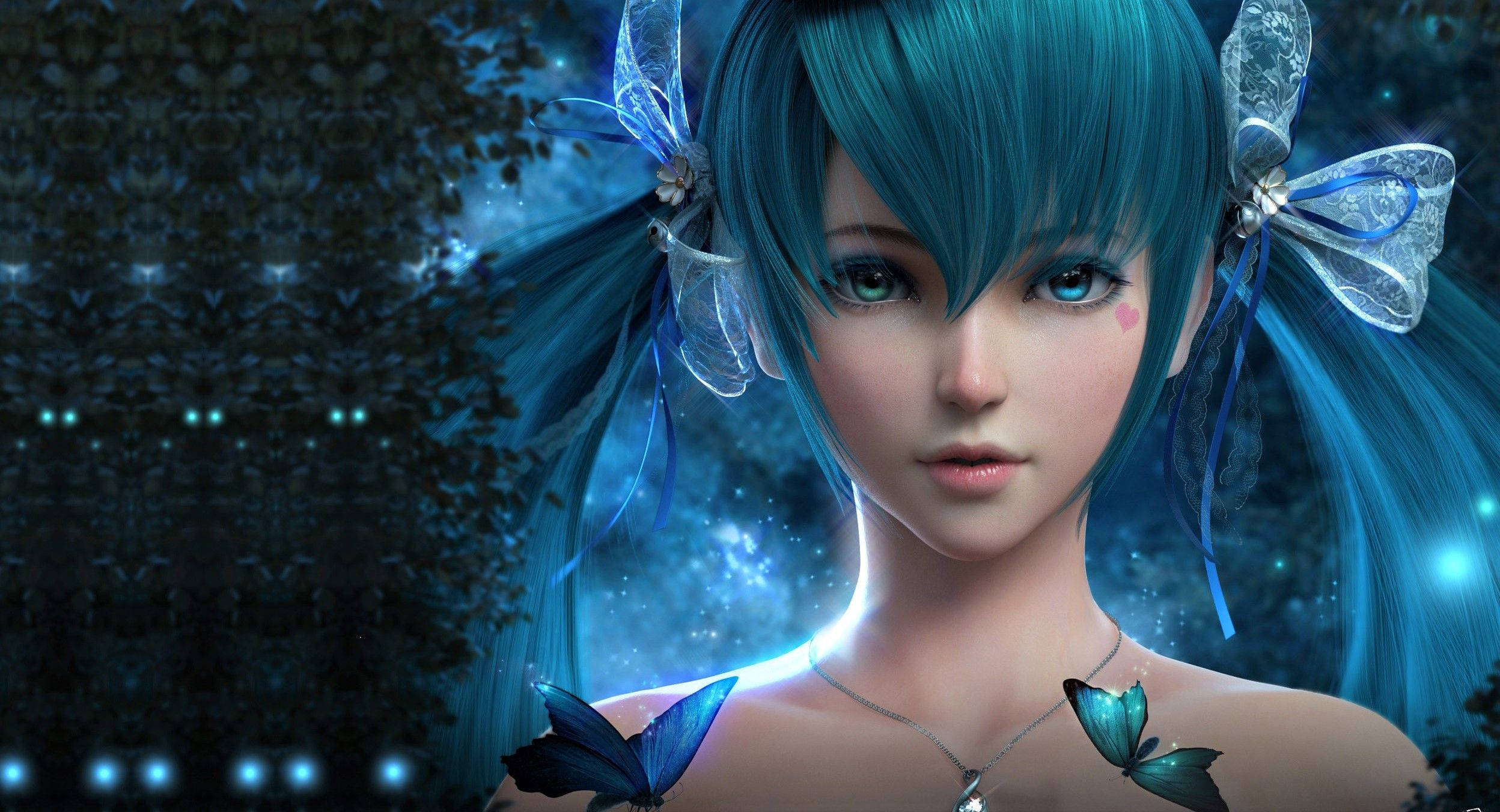 3D Anime Blue Hair Girl, teal hair, butterfly accessories, Full HD Desktop Wallpaper