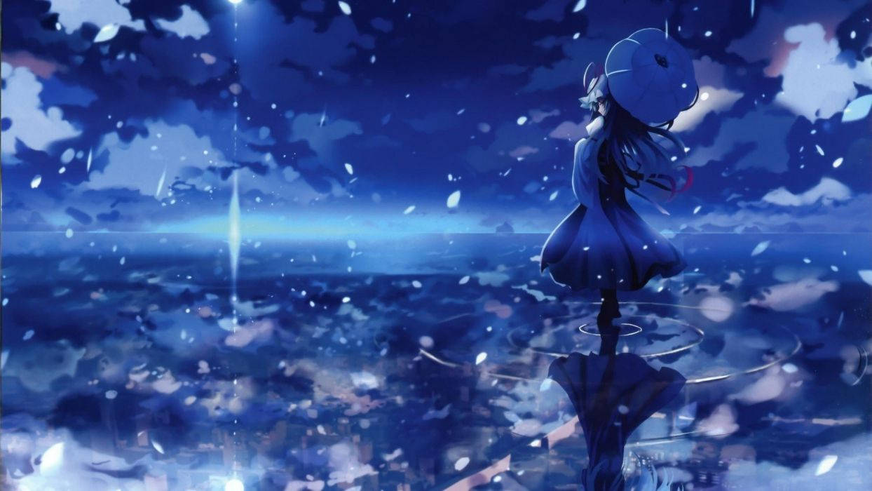anime girl, blue dress, reflective surface, SD Desktop Wallpaper