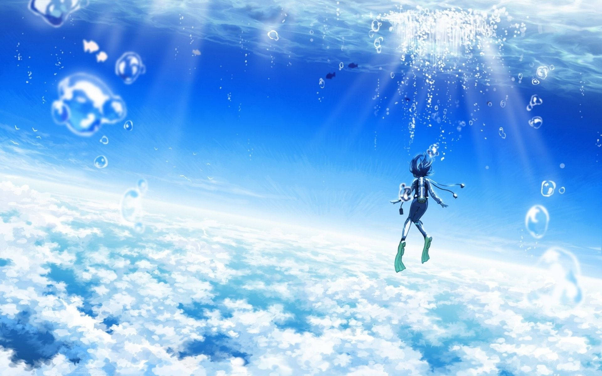 anime blue, blue-haired anime girl, diving suit, Full HD Desktop Wallpaper