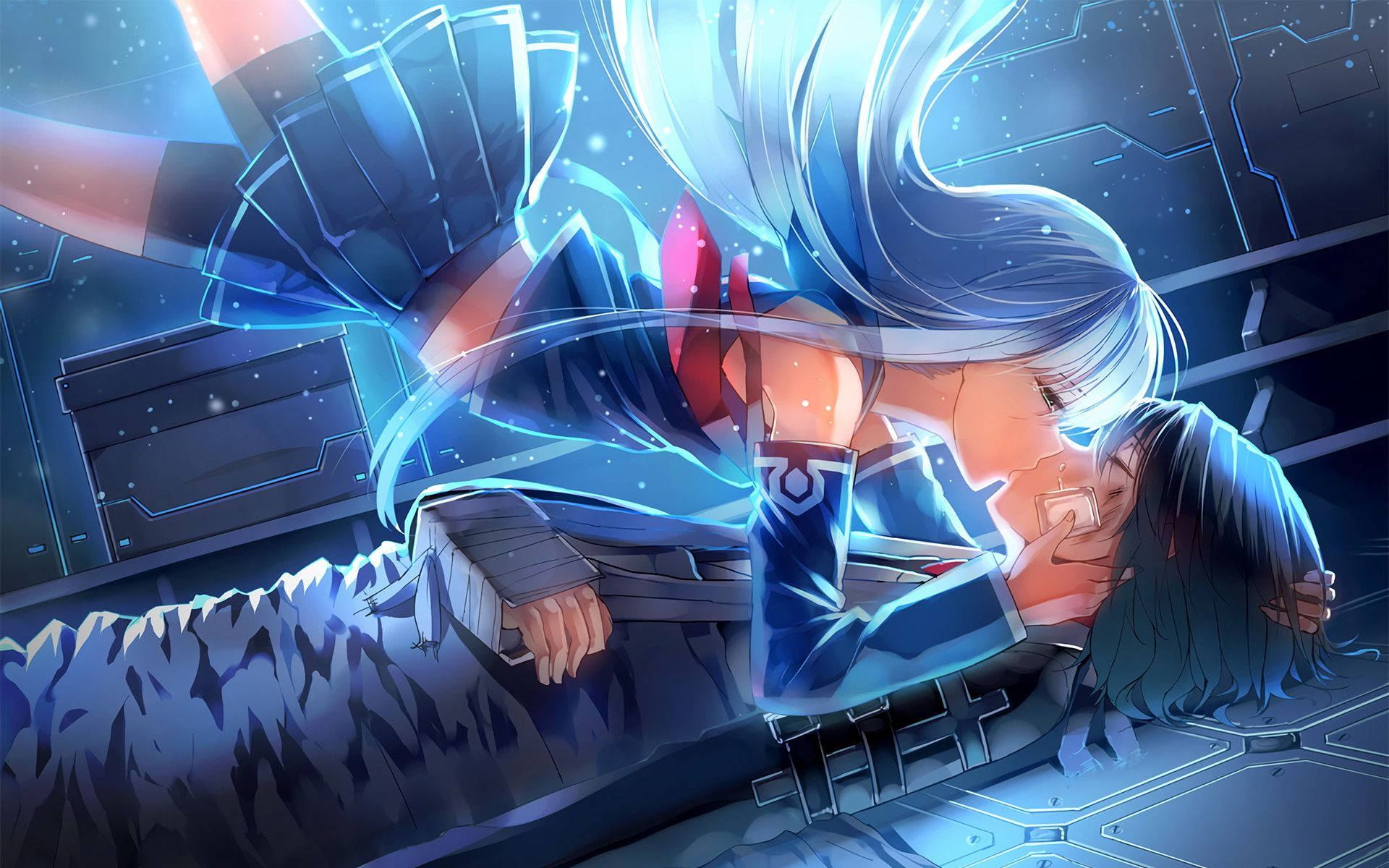 anime blue, blue-haired anime girl, futuristic armor, Full HD Desktop Wallpaper