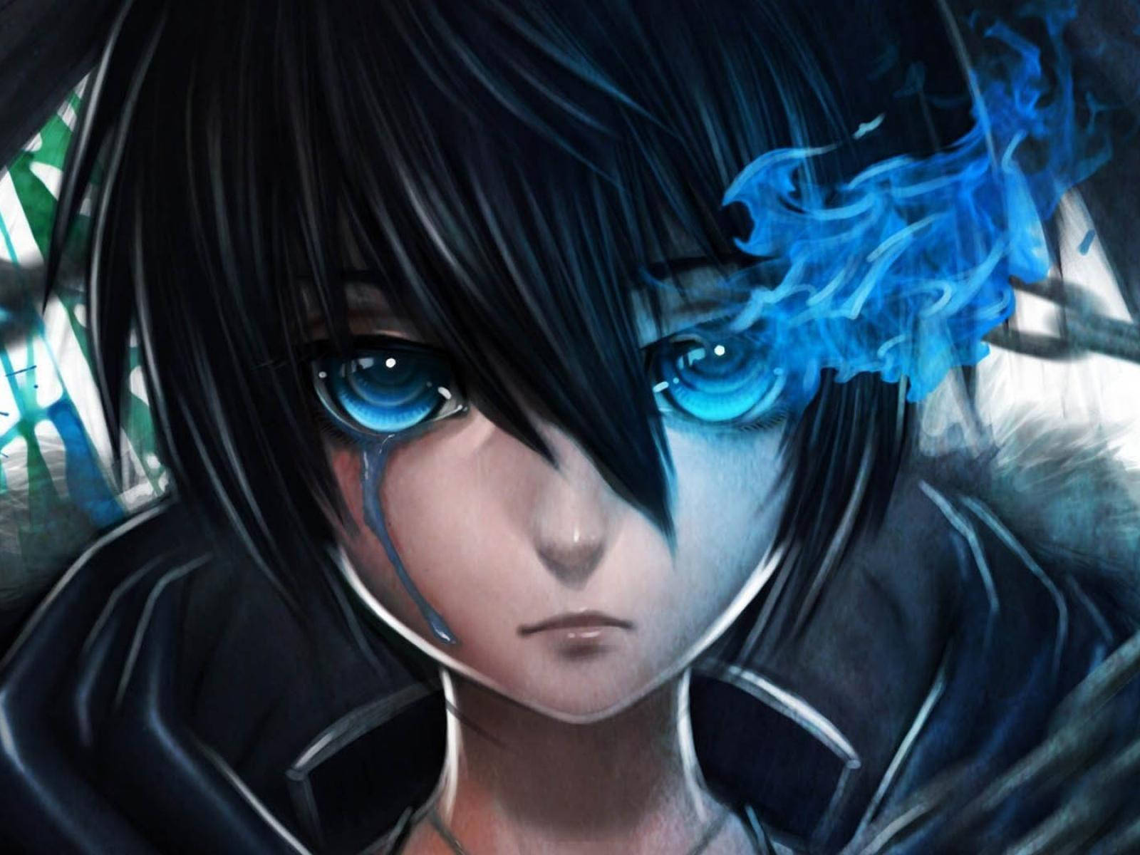 anime character, black hair, glowing blue eyes, HD Desktop Wallpaper