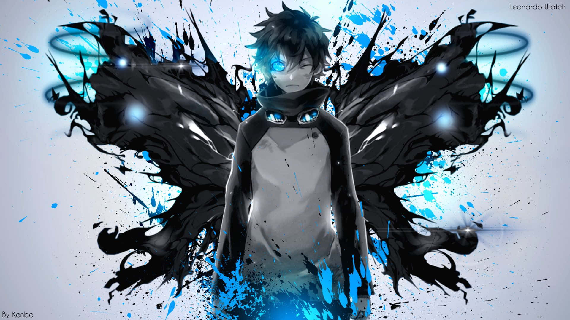 anime boy, glowing blue eyes, black wings, Full HD Desktop Wallpaper