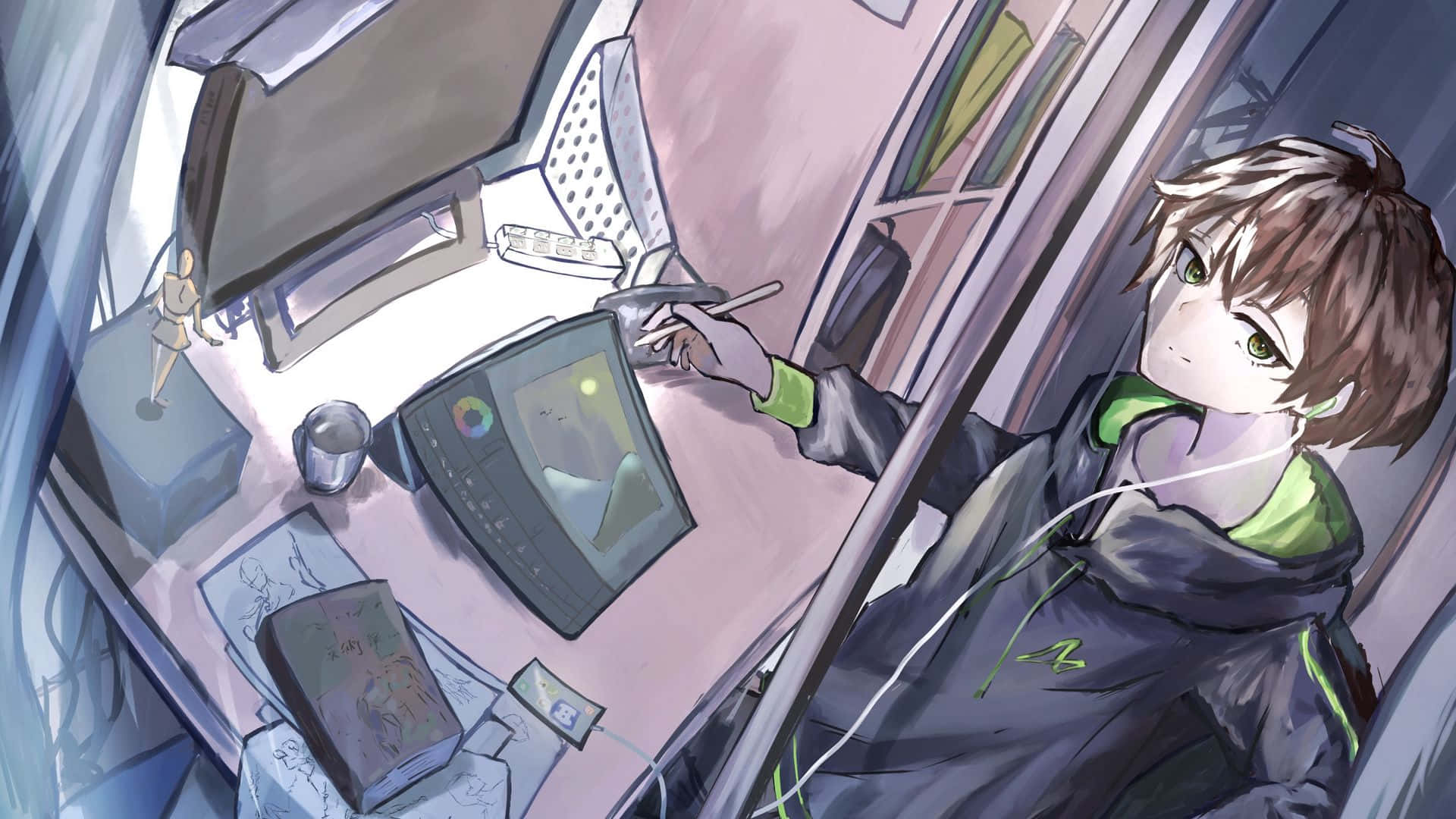 anime boy computer, young anime artist, green eyes, Full HD Desktop Wallpaper