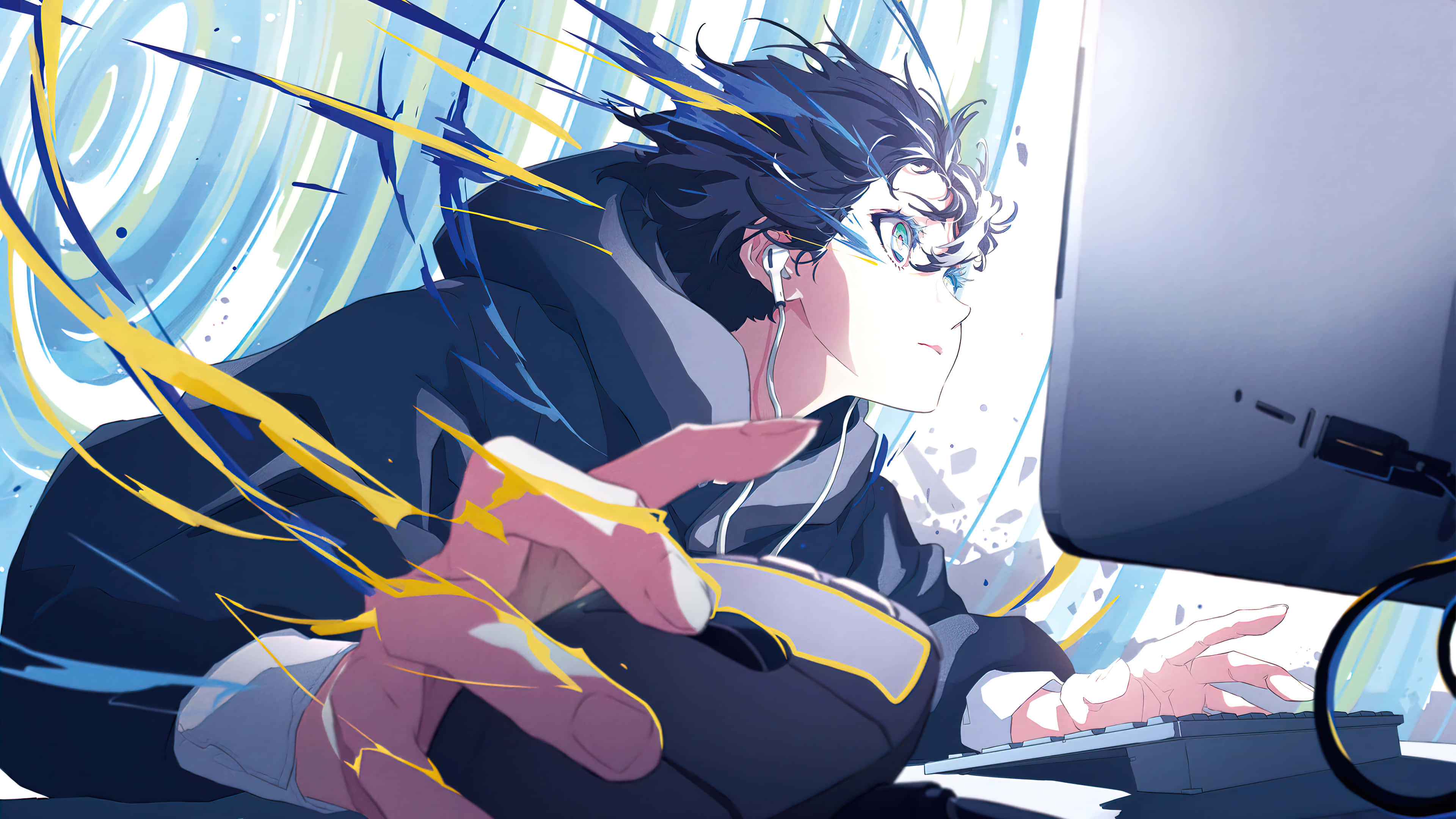 anime boy, spiky blue hair, glowing yellow energy streaks, 4K Desktop Wallpaper