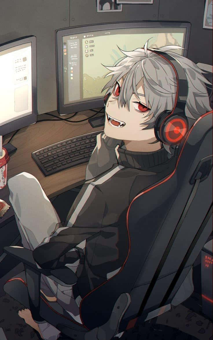 anime boy, computer, silver-haired, SD Phone Wallpaper