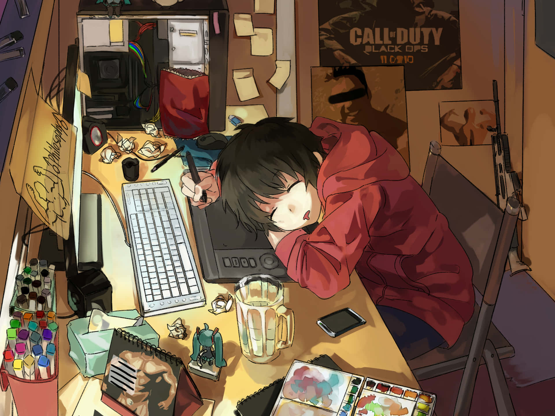 anime boy computer, red hoodie, cluttered desk, Full HD Desktop Wallpaper