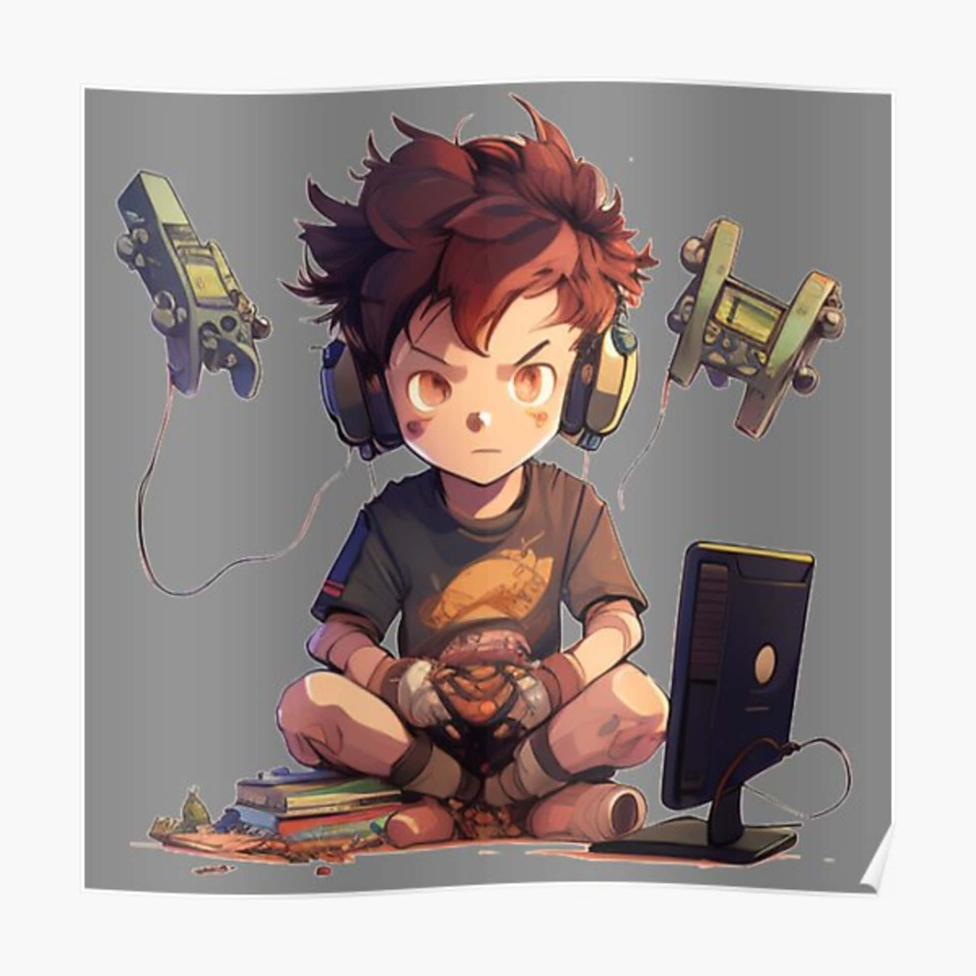 anime boy, red hair, headphones, Full HD Desktop Wallpaper