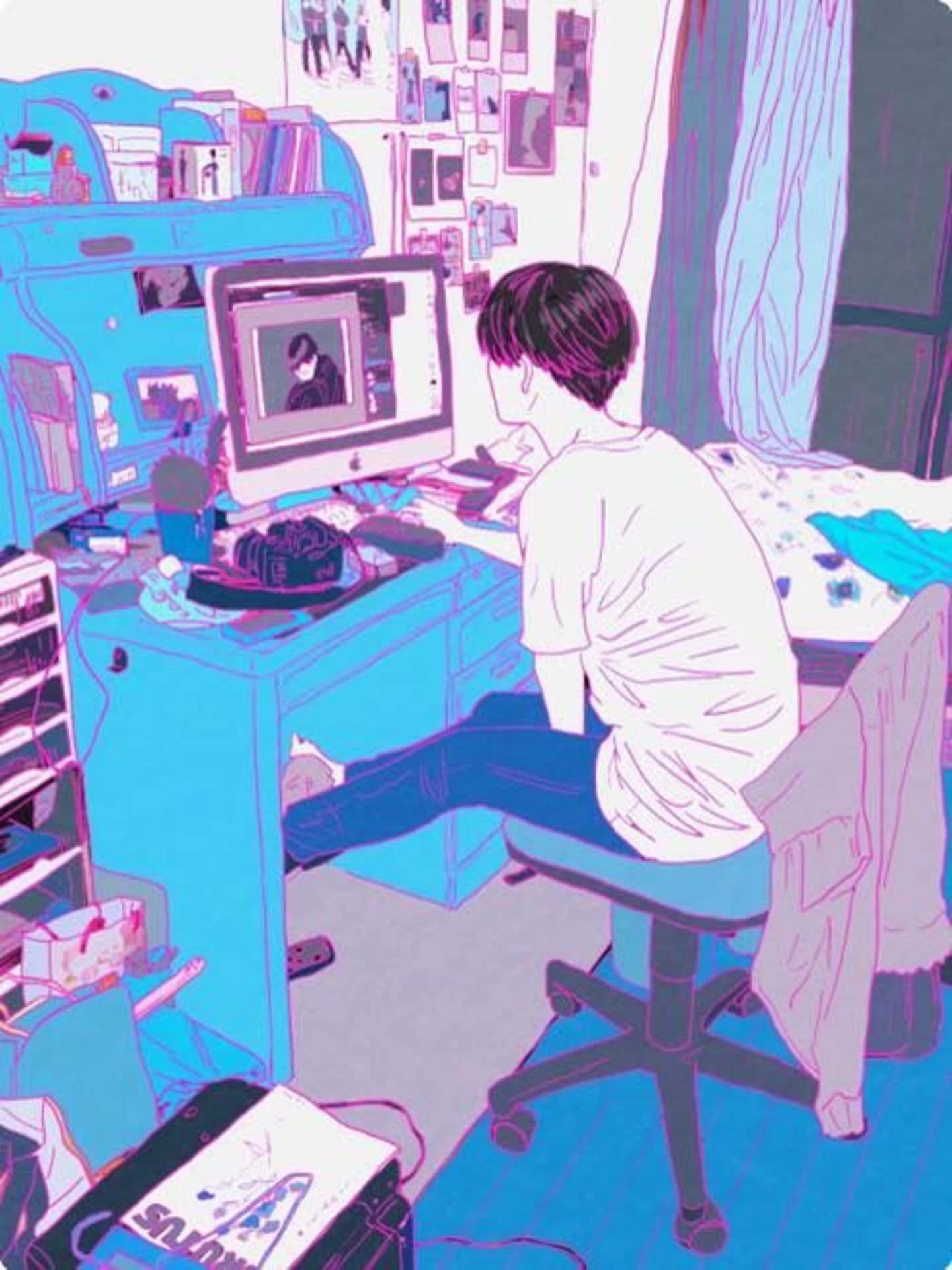 Anime Boy Computer, vibrant blue, pink illustrated bedroom, Full HD Phone Wallpaper