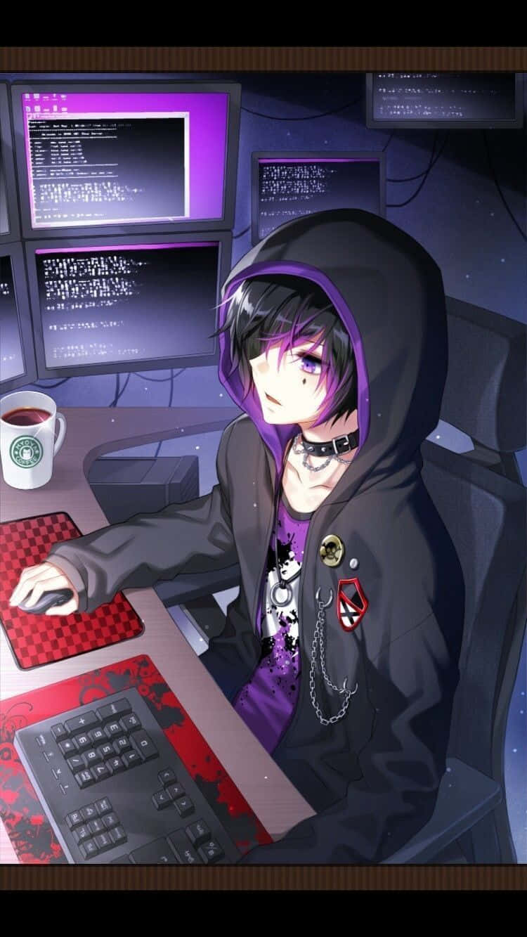 anime boy, computer, dark hoodie, HD Phone Wallpaper