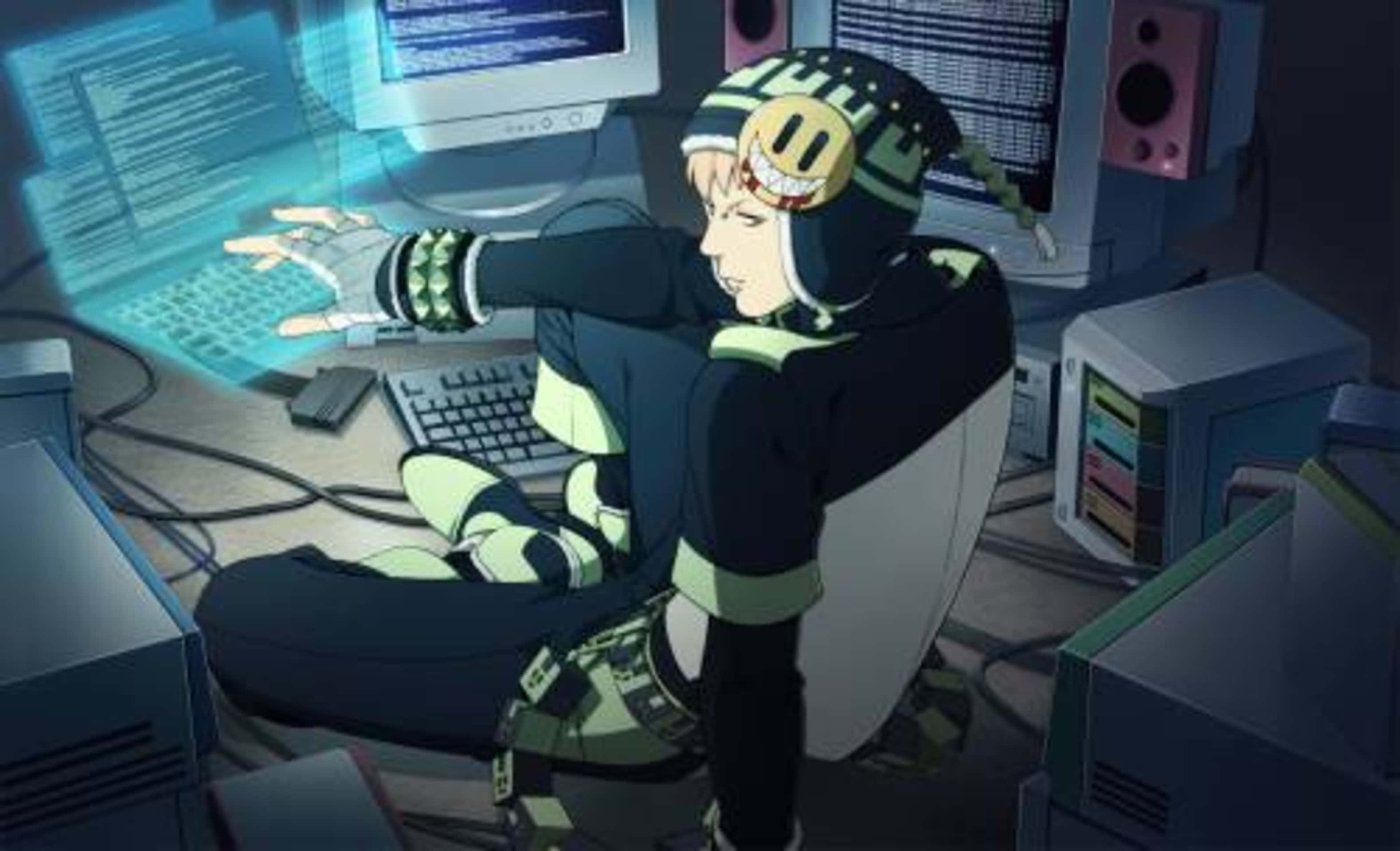 Anime Boy Computer, hacker, helmet, 2K Desktop Wallpaper
